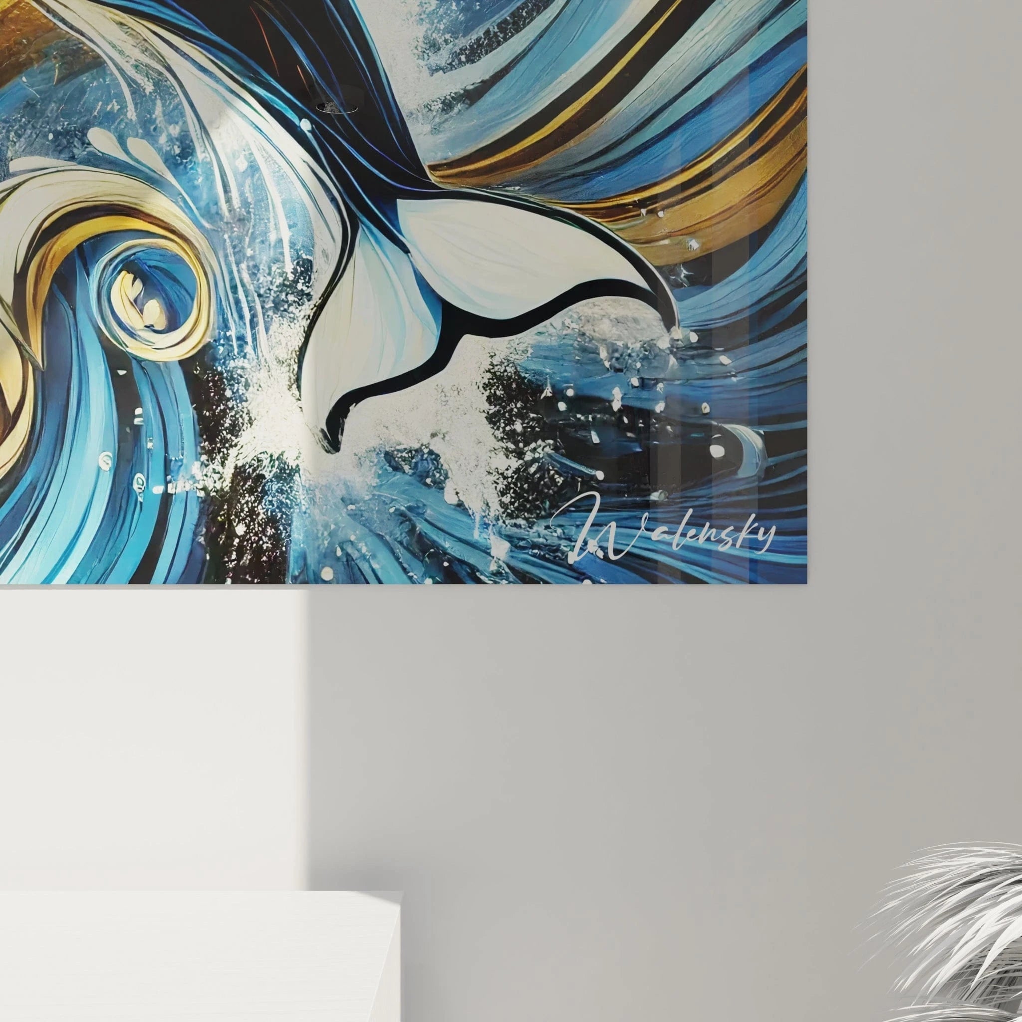 Vue rapprochée du tableau orque, dévoilant des textures dynamiques et des lignes ondulantes qui apportent une profondeur unique aux teintes marines et solaires.