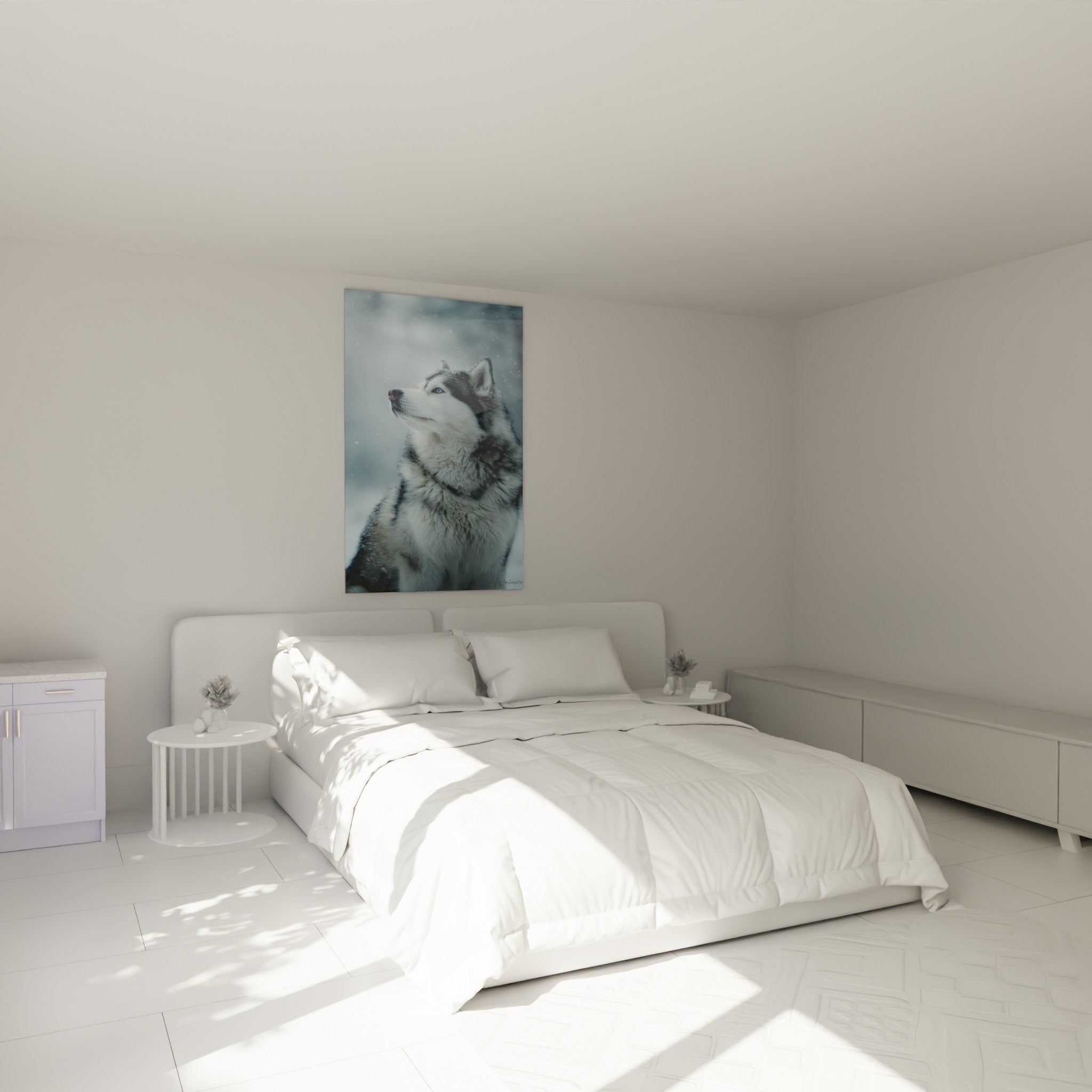 Tableau Malamute Alaska flocons neige dans chambre moderne, décoration murale chien nordique, ambiance cocooning hiver