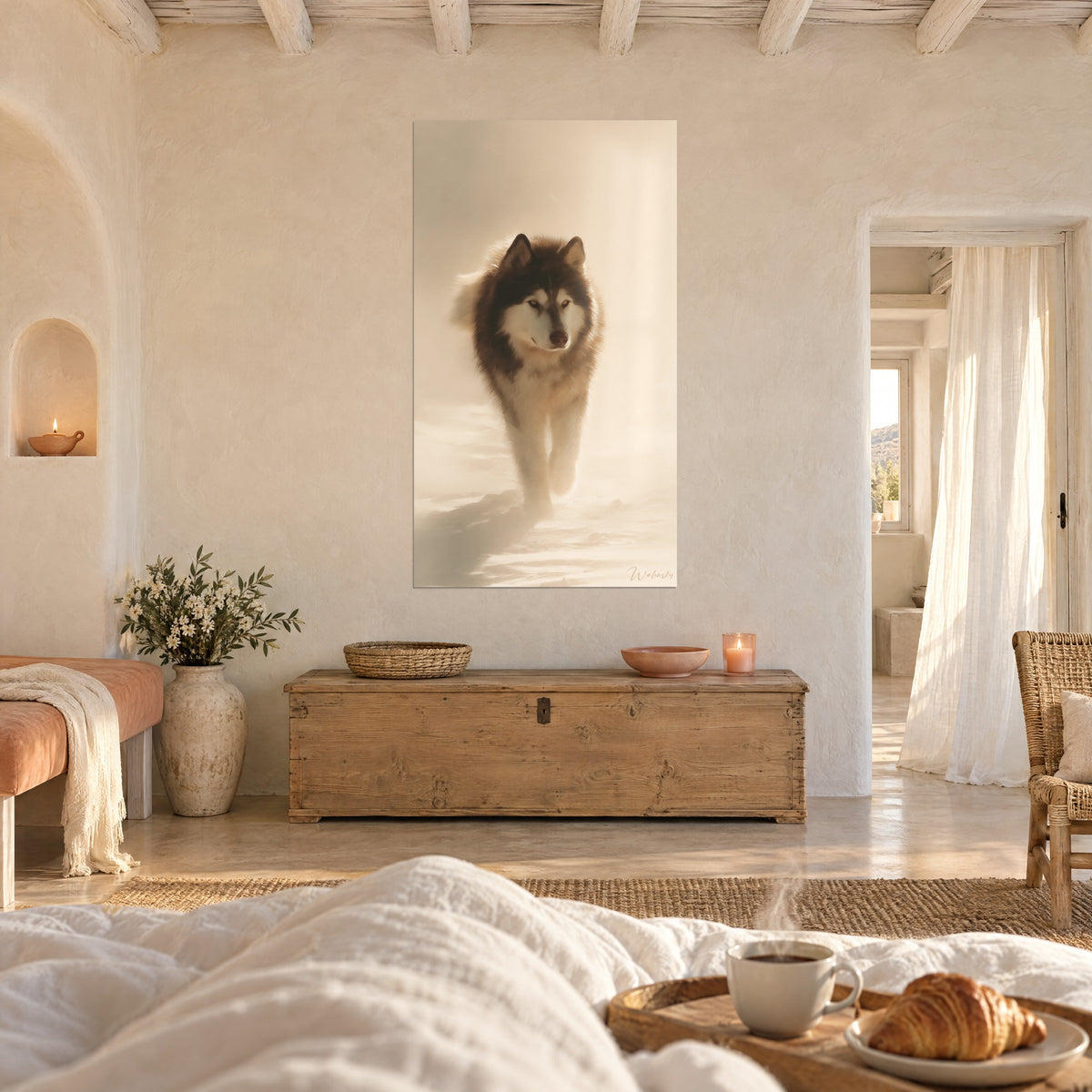Wall art of a snow wolf with a brown muzzle and white mask, walking through sandy gold mist, hung above a bed in a light bedroom