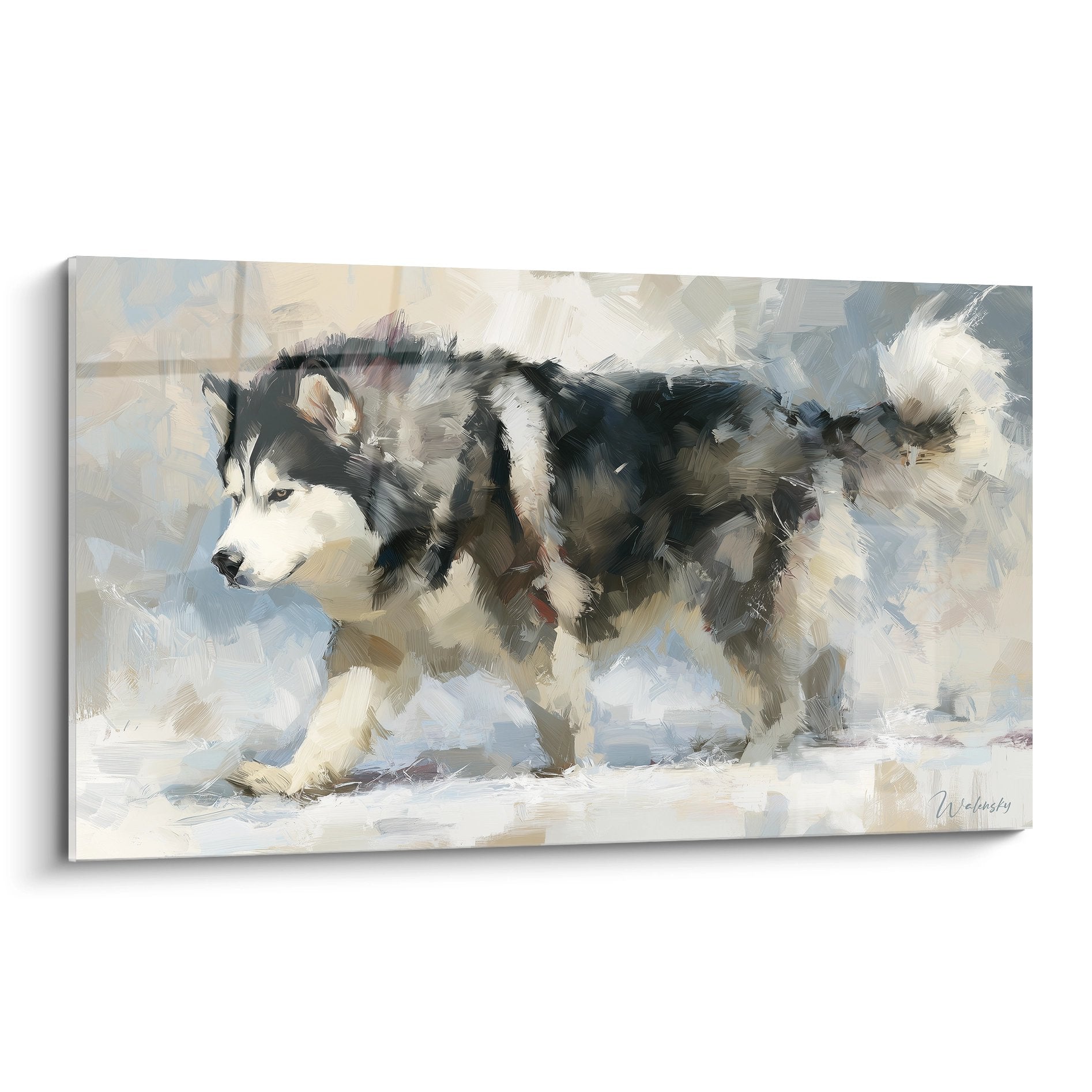 Peinture impressionniste d'un Malamute Alaska marchant dans la neige aux tons beiges et gris
