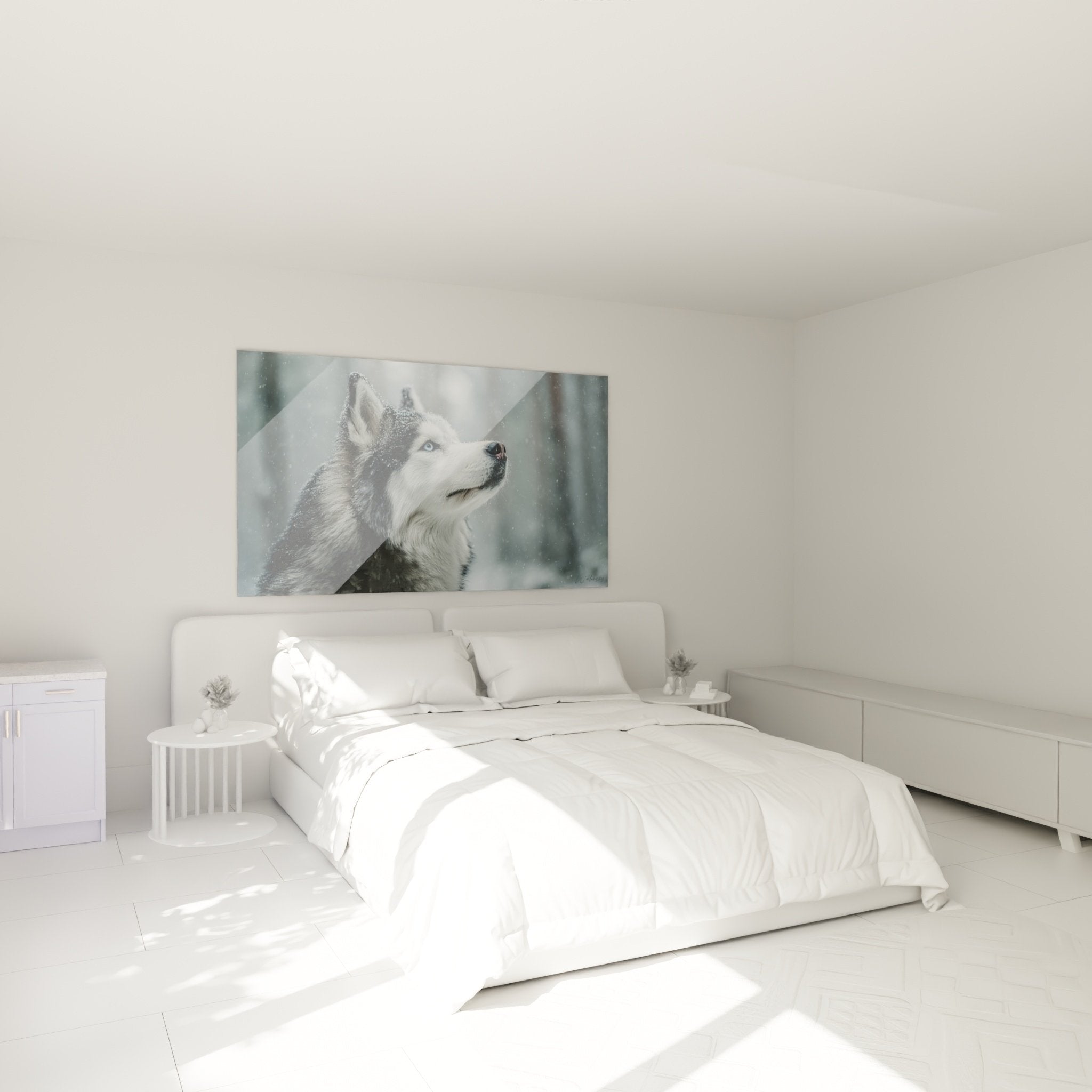 Alaskan Malamute Schnee Kunstdruck im modernen Schlafzimmer, beruhigende Winteratmosphäre, nordische Wanddekoration