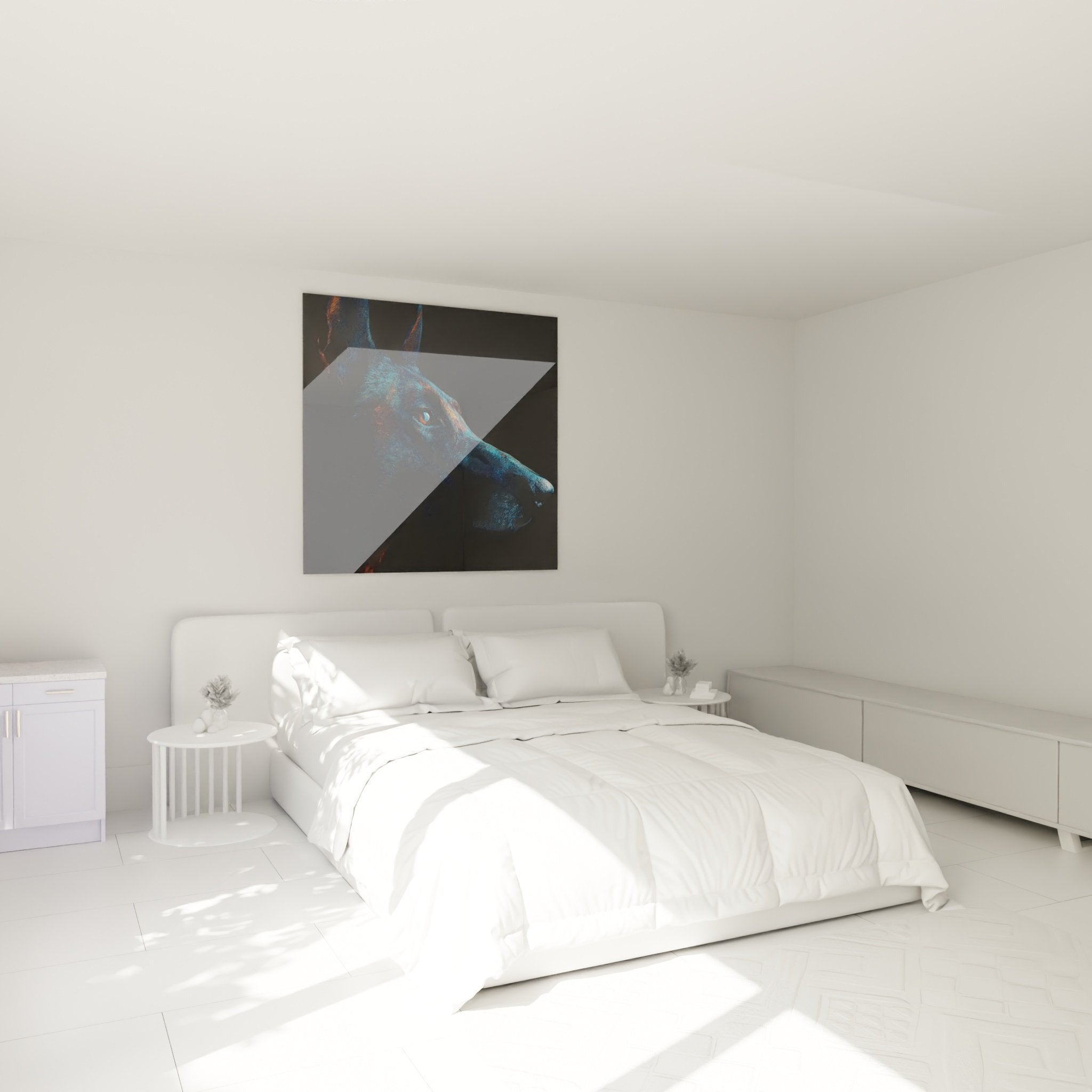Quadro pastore belga malinois blu rame decorazione camera moderna parete testata letto atmosfera sofisticata