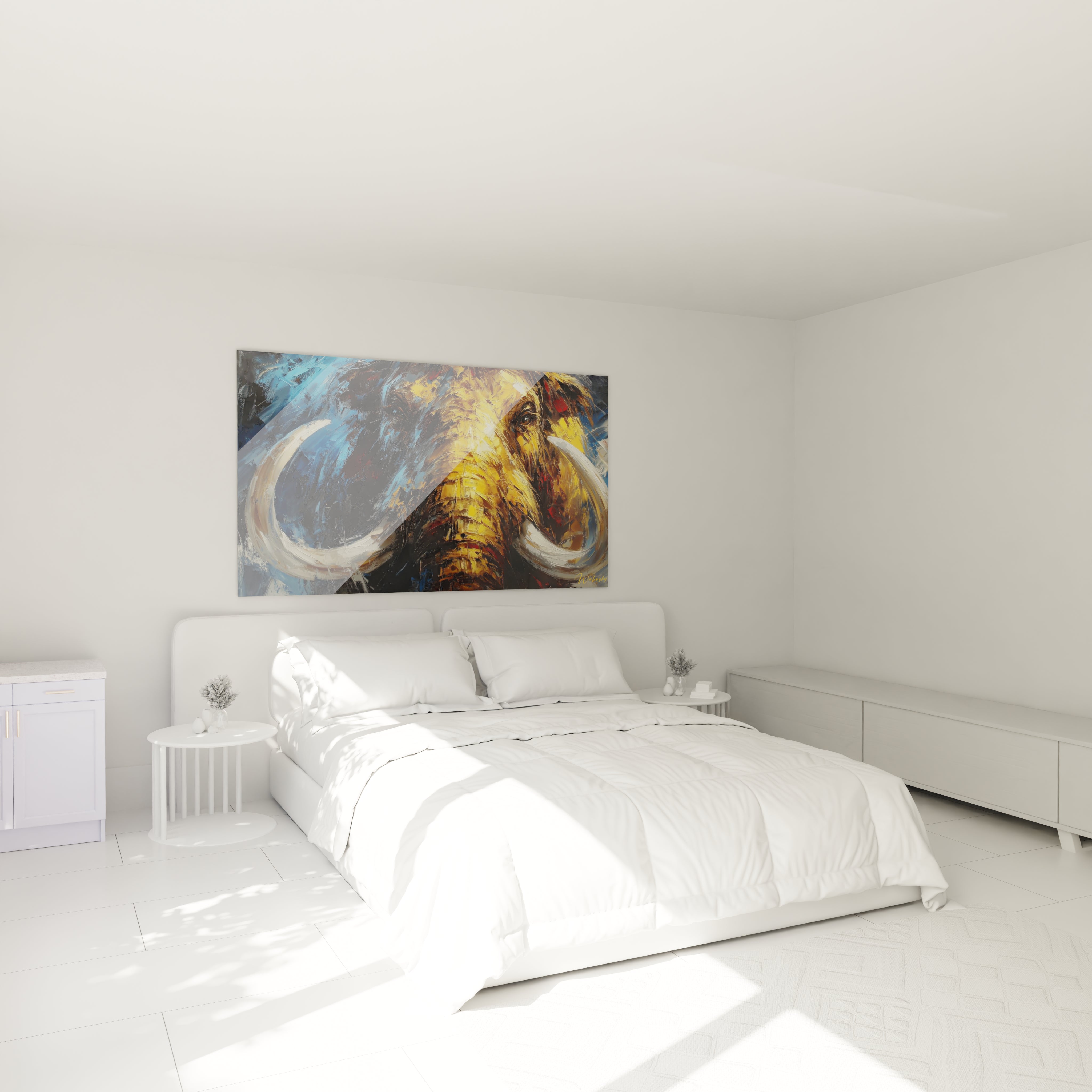 Ambiance chambre avec tableau décoratif mammouth défenses blanches art mural préhistorique moderne