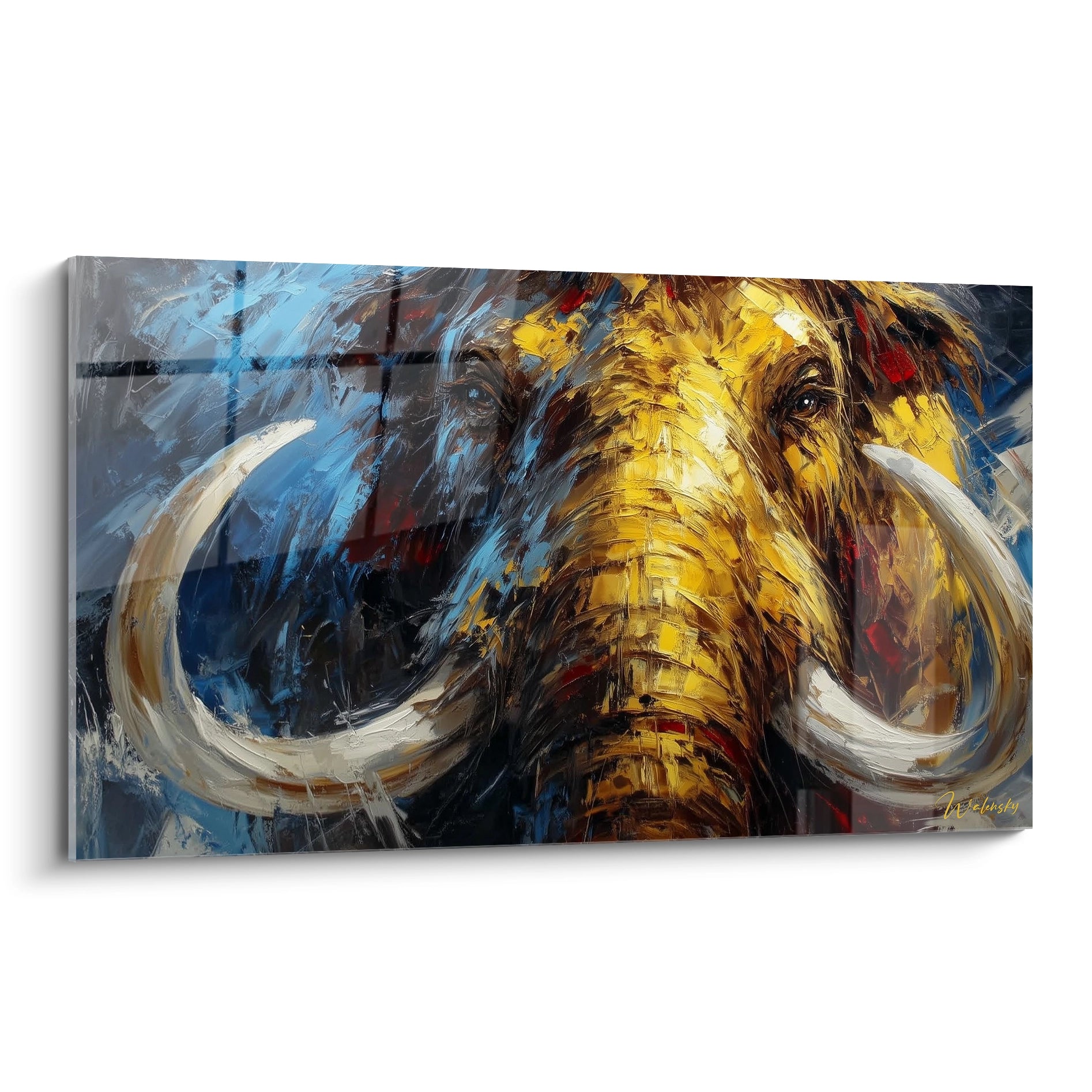 Tableau mural mammouth aux défenses blanches style expressionniste peinture acrylique art préhistorique moderne