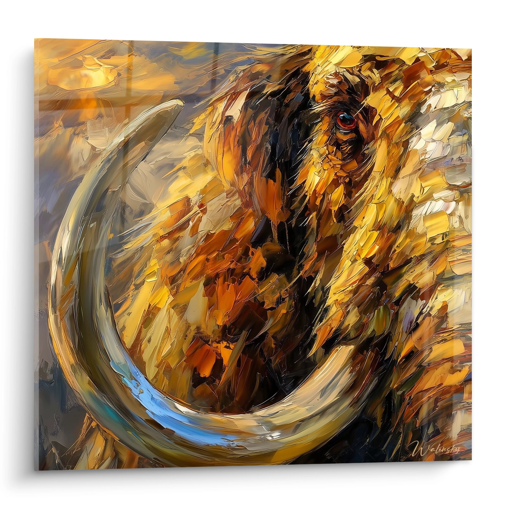 Tableau mural mammouth laineux aux défenses courbées, peinture artistique préhistorique aux couleurs chaudes