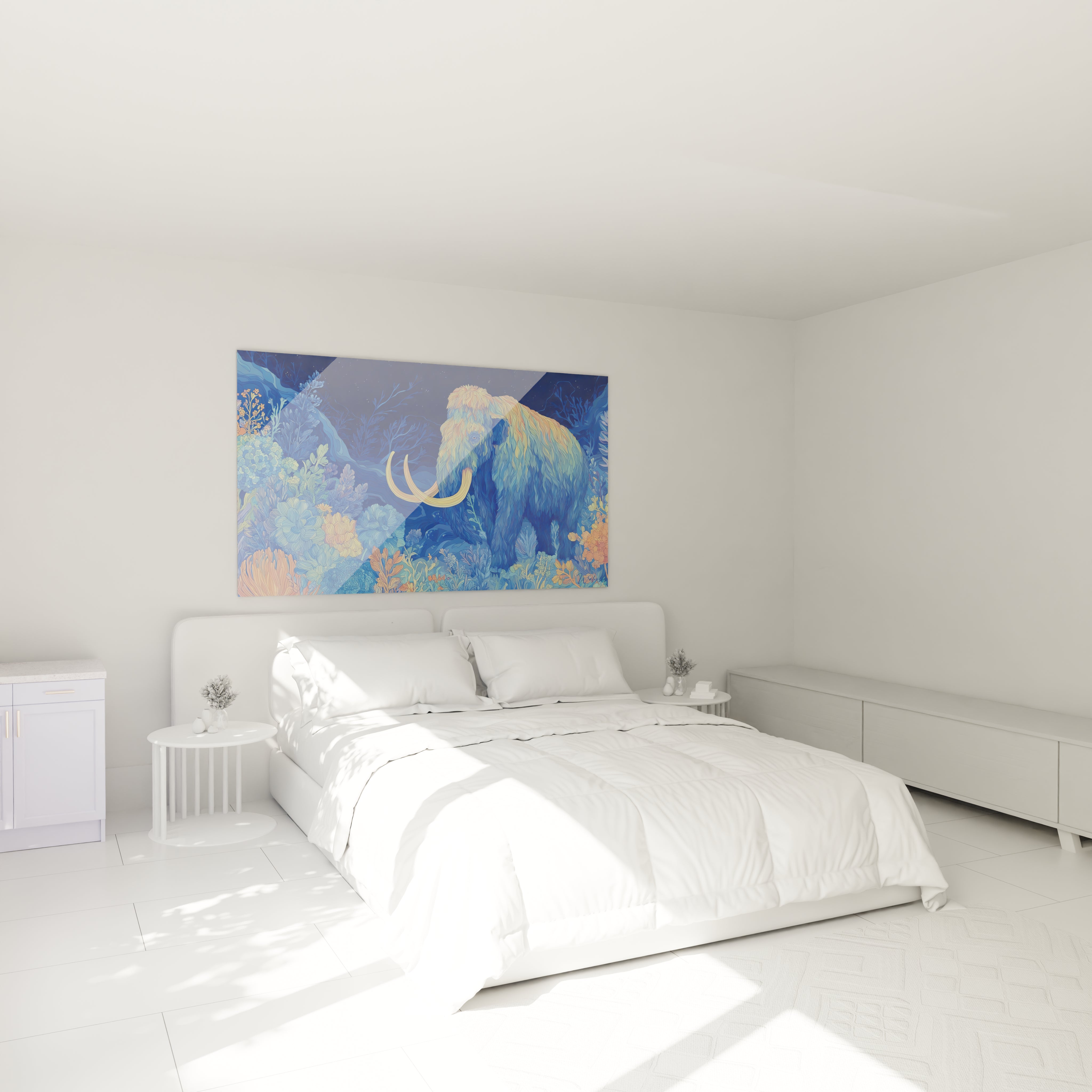 Tableau mammouth laineux floral bleu décorant élégamment une chambre moderne ambiance apaisante