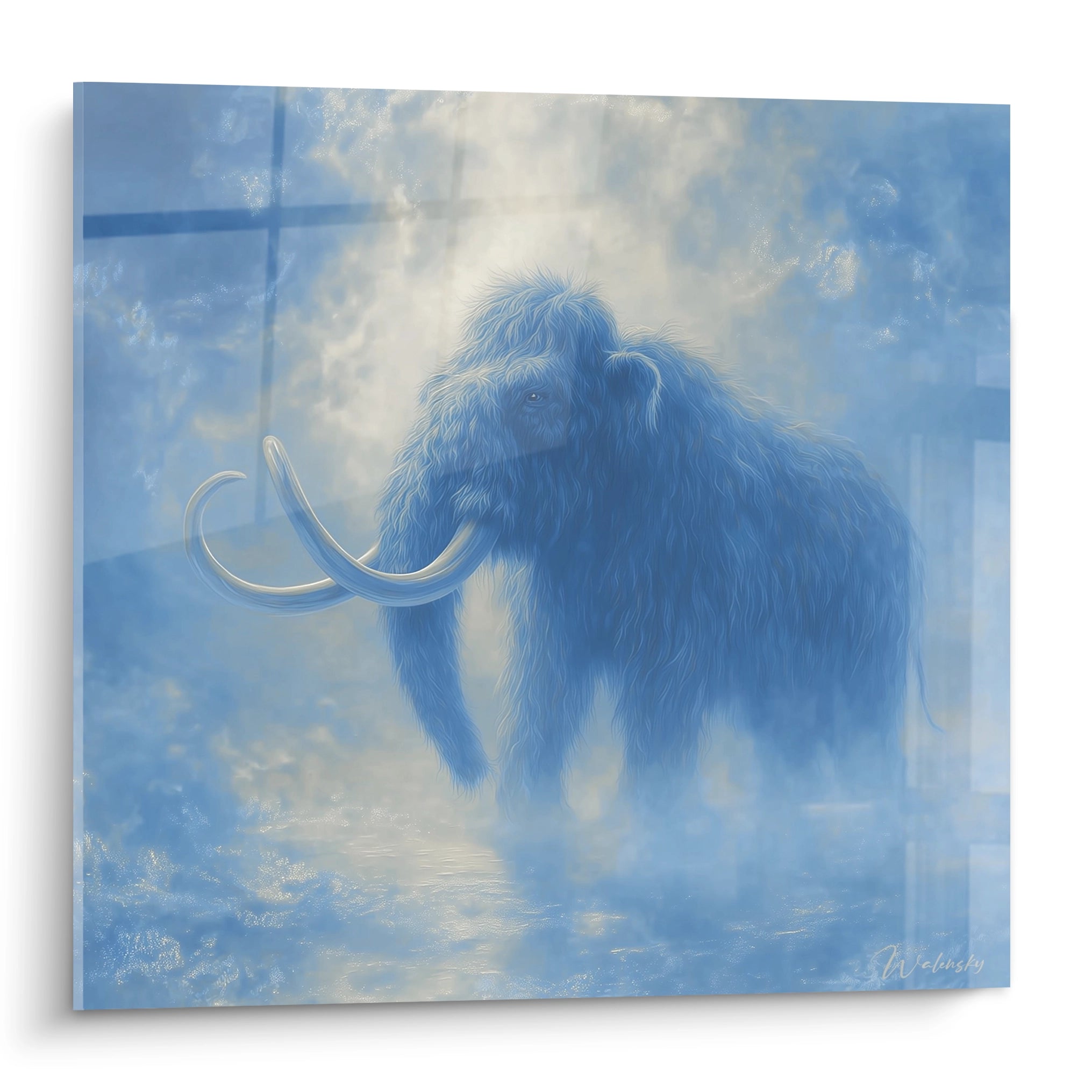 Tableau mammouth laineux bleu émergeant de la brume glaciaire avec défenses d'ivoire - art préhistorique moderne