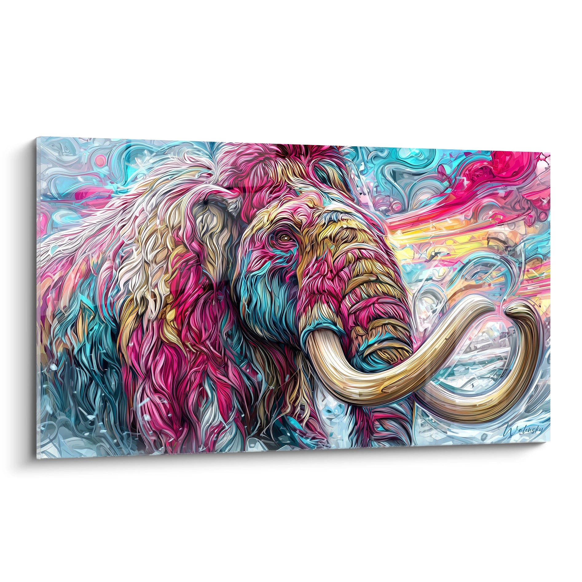 Tableau mural mammouth laineux aux couleurs vives rose et bleu, art moderne décoratif