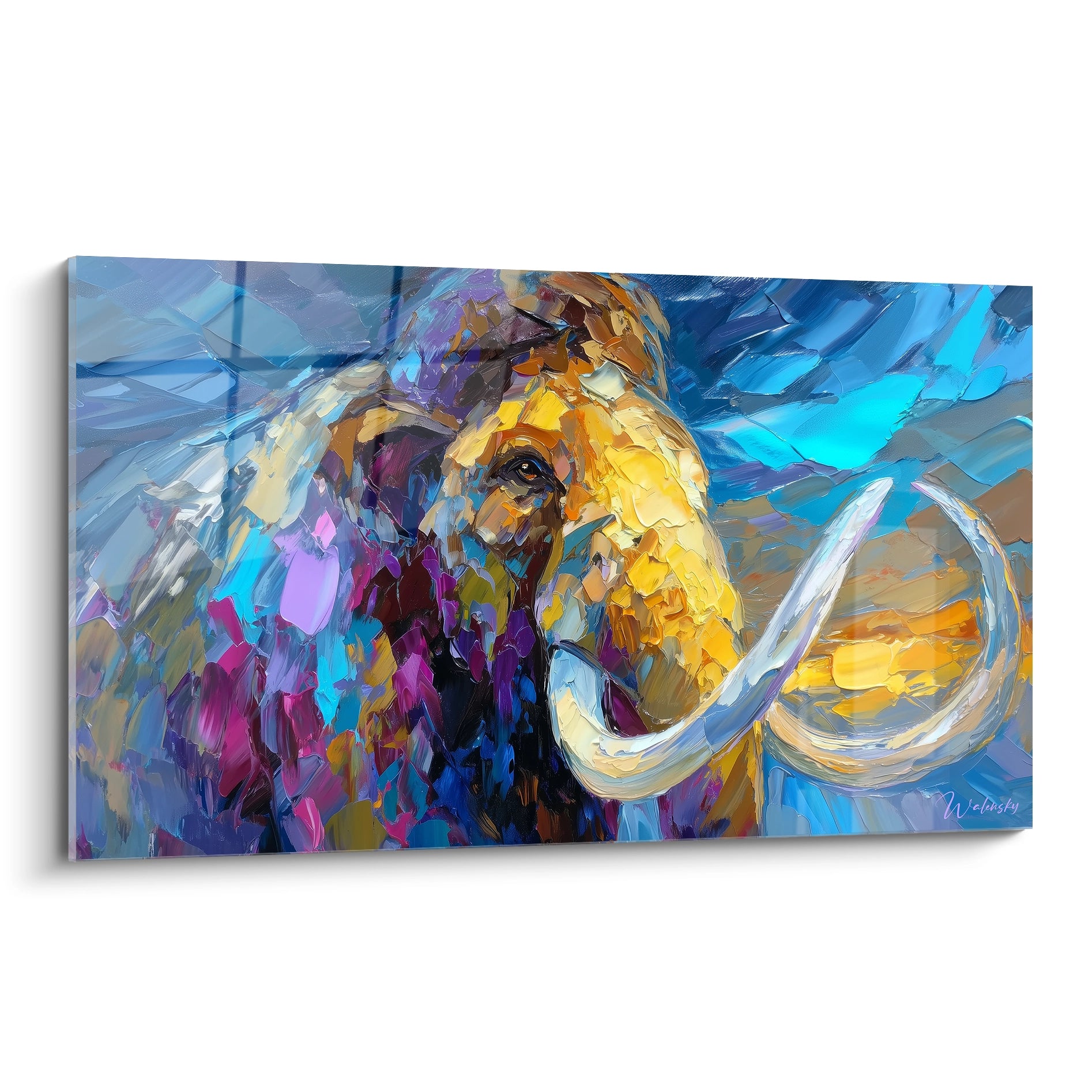 Tableau mammouth laineux coloré style expressionniste avec défenses blanches sur fond bleu