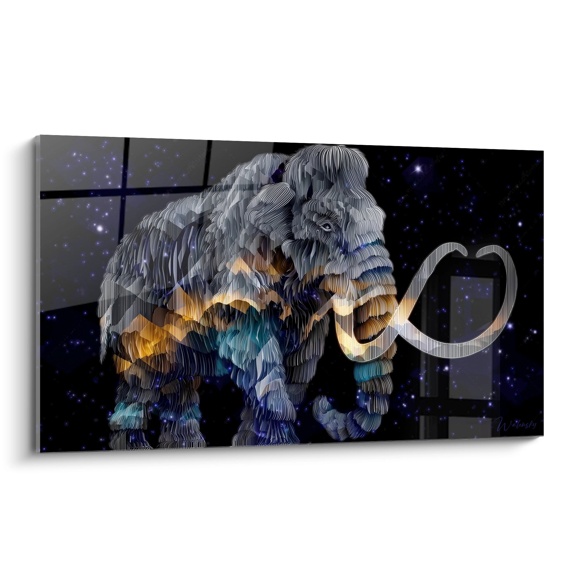 Tableau mural mammouth laineux cosmique avec défenses dans espace étoilé multicolore