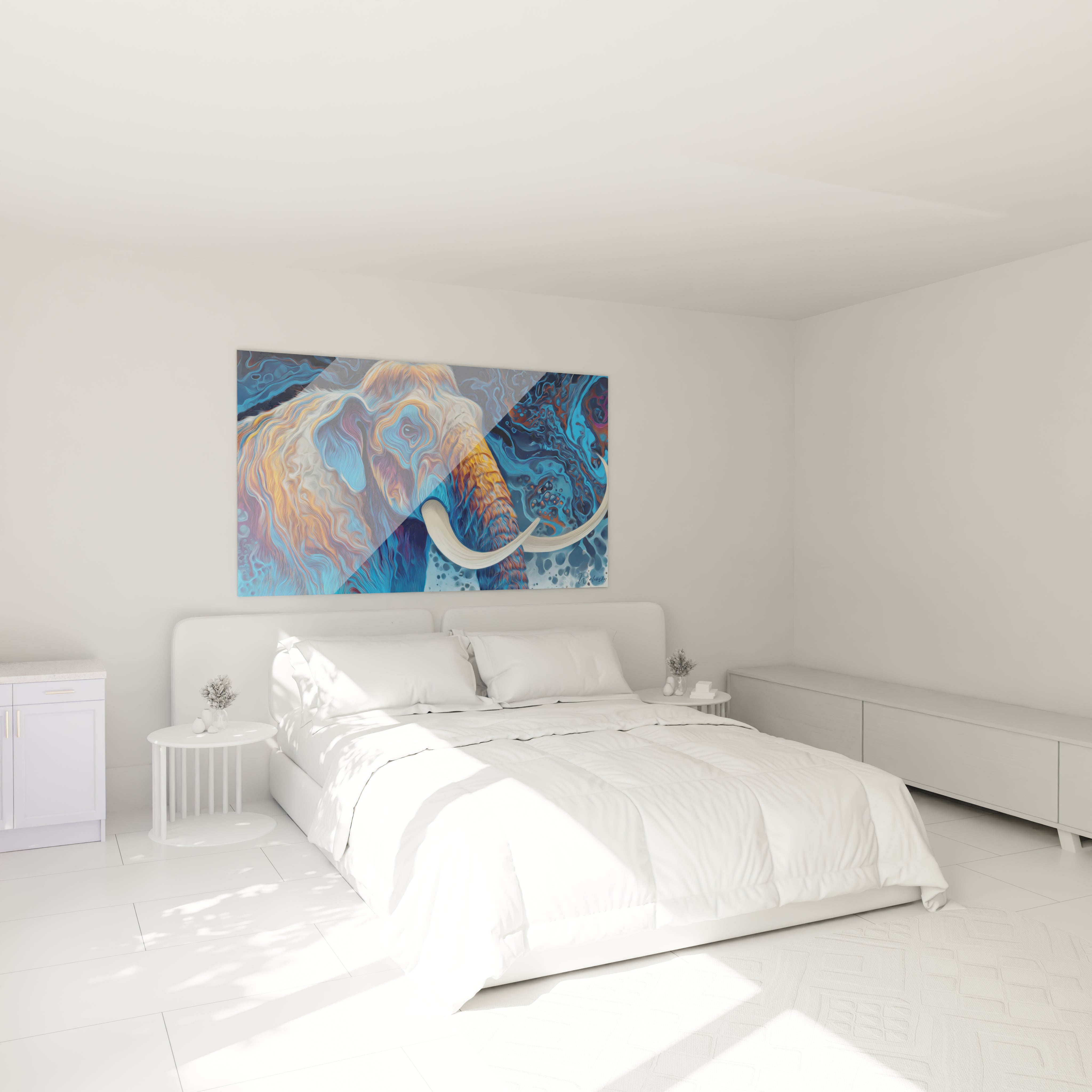 Tableau mammouth laineux coloré décorant une chambre moderne avec effet psychédélique