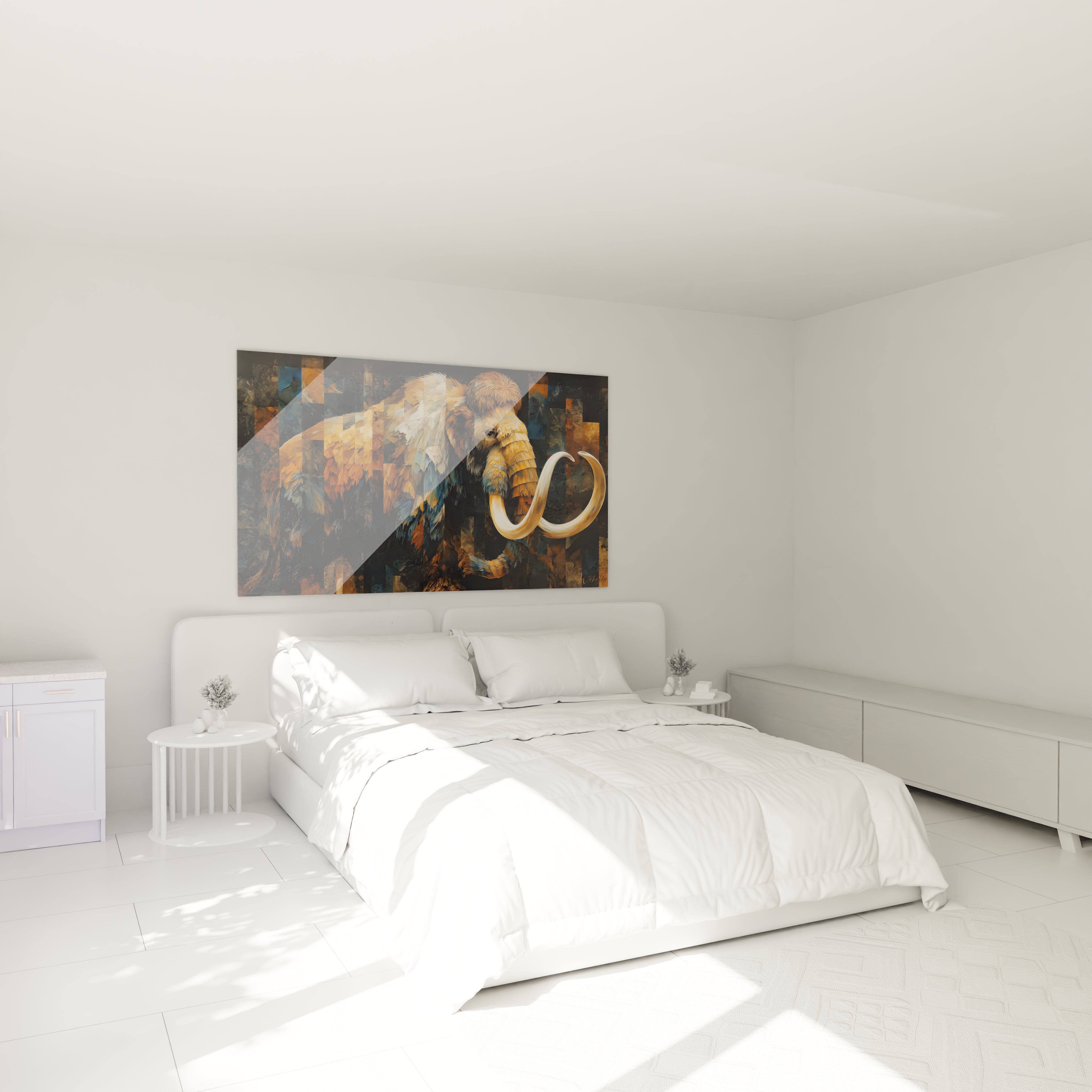 Tableau mammouth laineux mosaïque abstraite décorant une chambre moderne avec éclairage tamisé