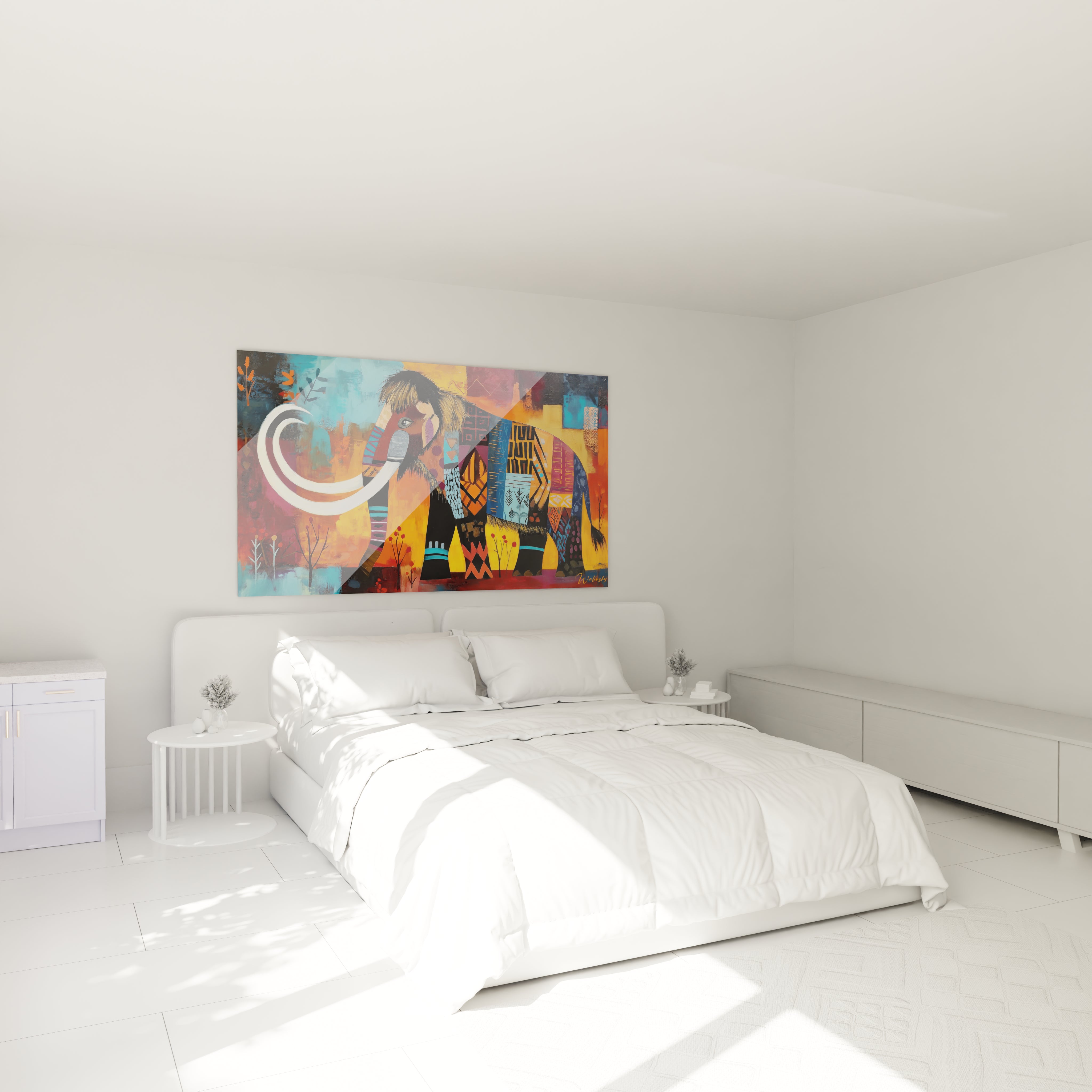 Tableau mammouth laineux géométrique coloré décorant une chambre moderne avec style