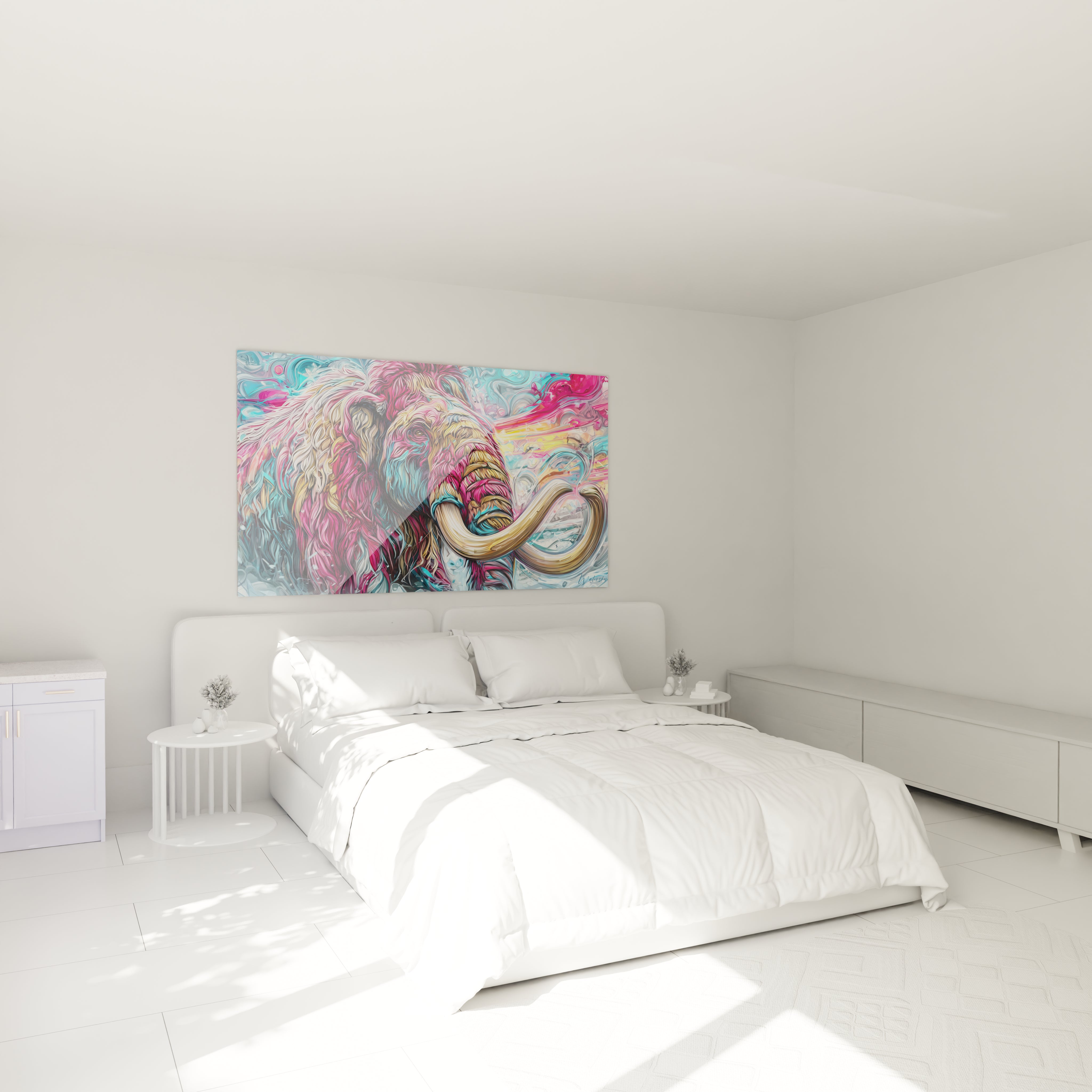 Ambiance chambre avec tableau mammouth laineux coloré, décoration murale artistique moderne
