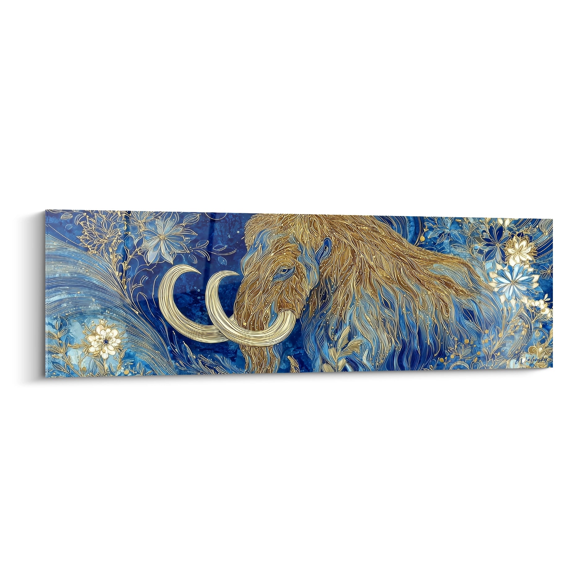 Tableau mural mammouth laineux doré sur fond bleu avec motifs floraux dorés art décoratif