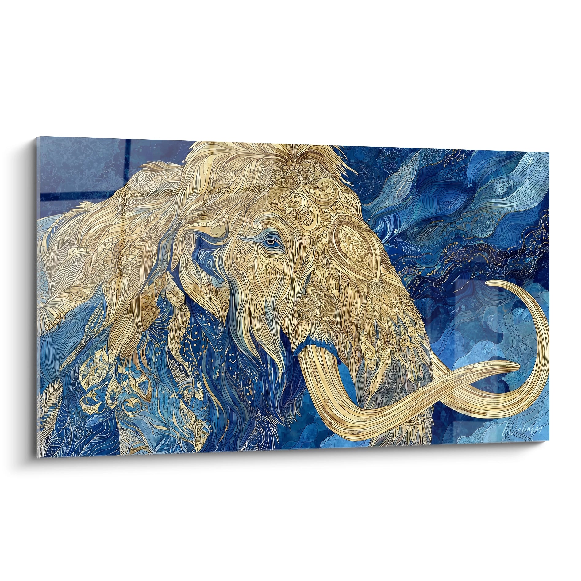 Tableau mural mammouth laineux doré avec détails ornementaux sur fond bleu océan - art préhistorique décoratif