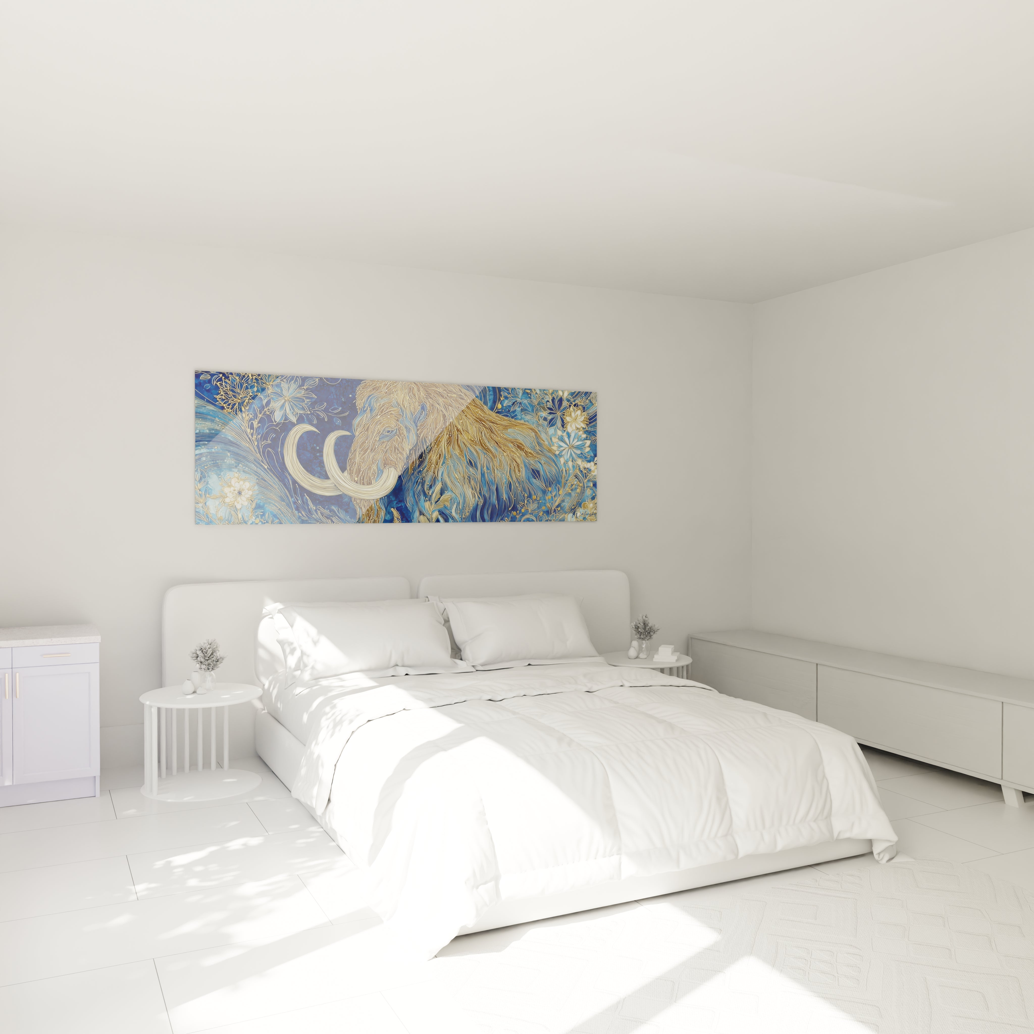 Tableau mammouth laineux doré installé dans chambre moderne décoration murale élégante