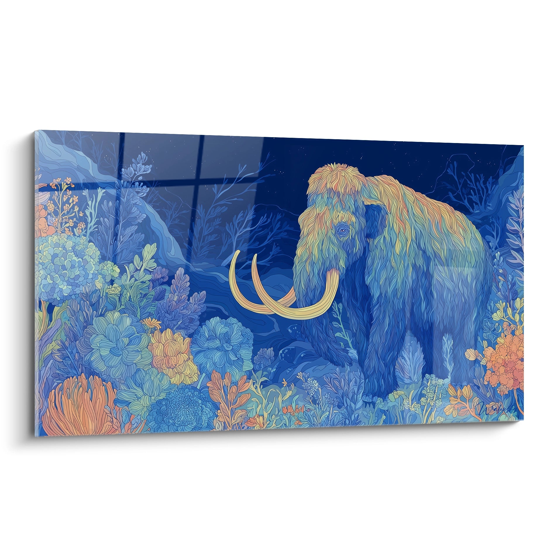 Tableau mural mammouth laineux doré dans jardin floral bleu stylisé art décoratif préhistorique