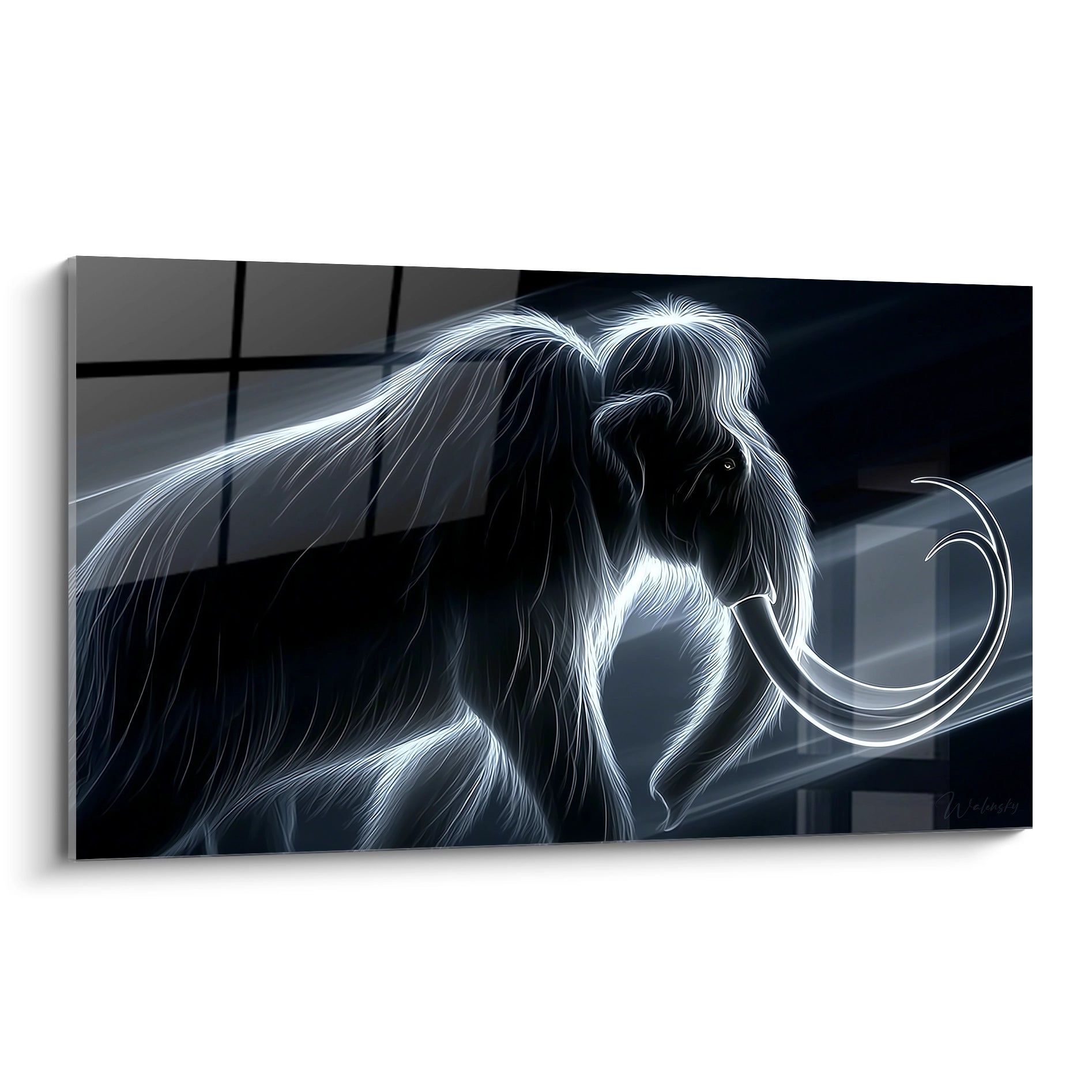 Tableau mural mammouth laineux aux contours lumineux blancs et bleus sur fond noir moderne