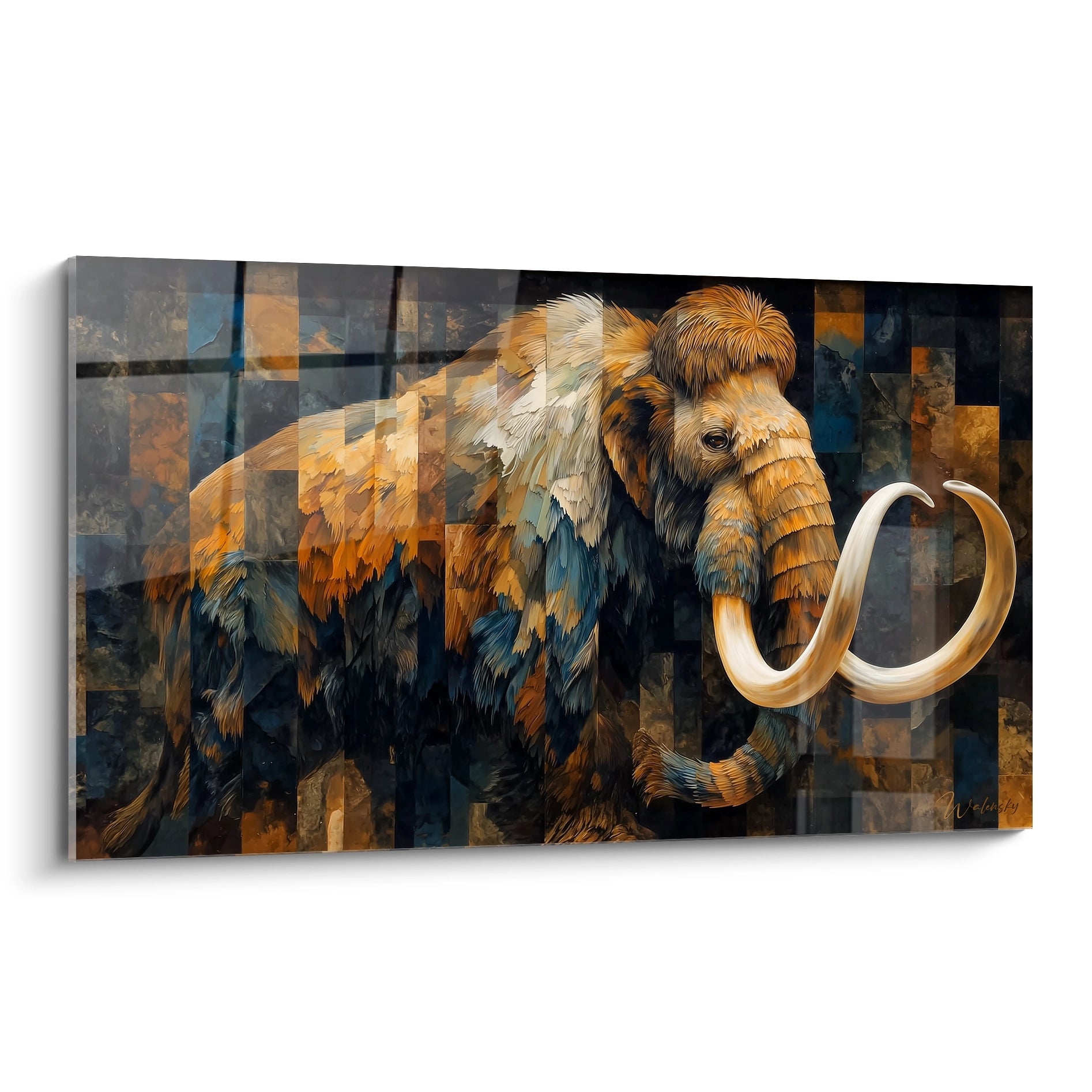 Tableau mural mammouth laineux en mosaïque abstraite avec défenses courbées sur fond géométrique coloré