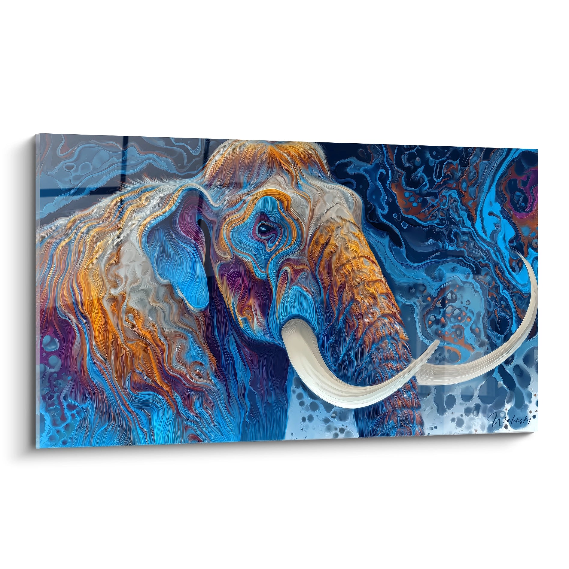 Tableau mural mammouth laineux psychédélique aux couleurs bleues oranges violettes sur toile