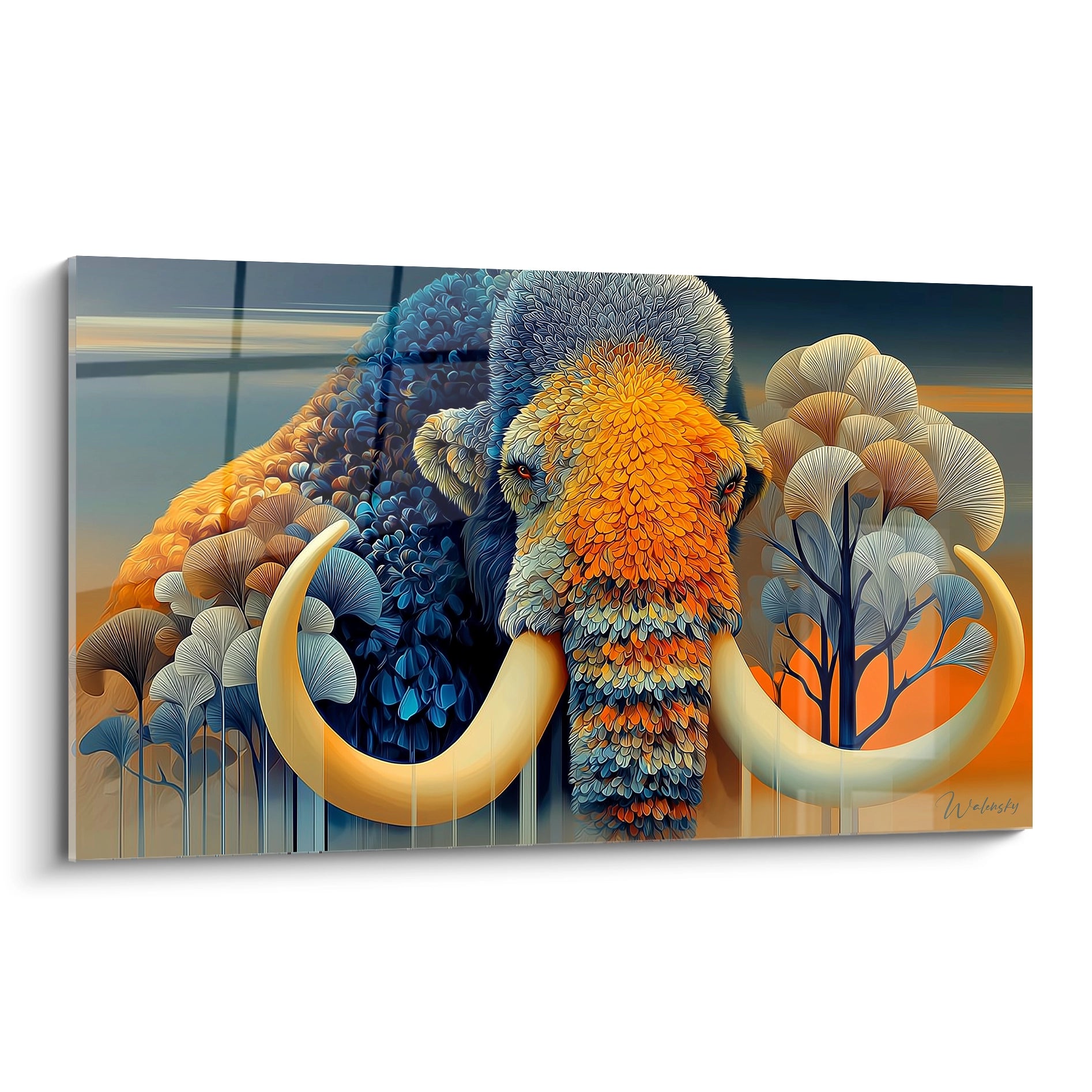 Tableau mural mammouth laineux stylisé aux couleurs orange et bleues avec défenses courbées
