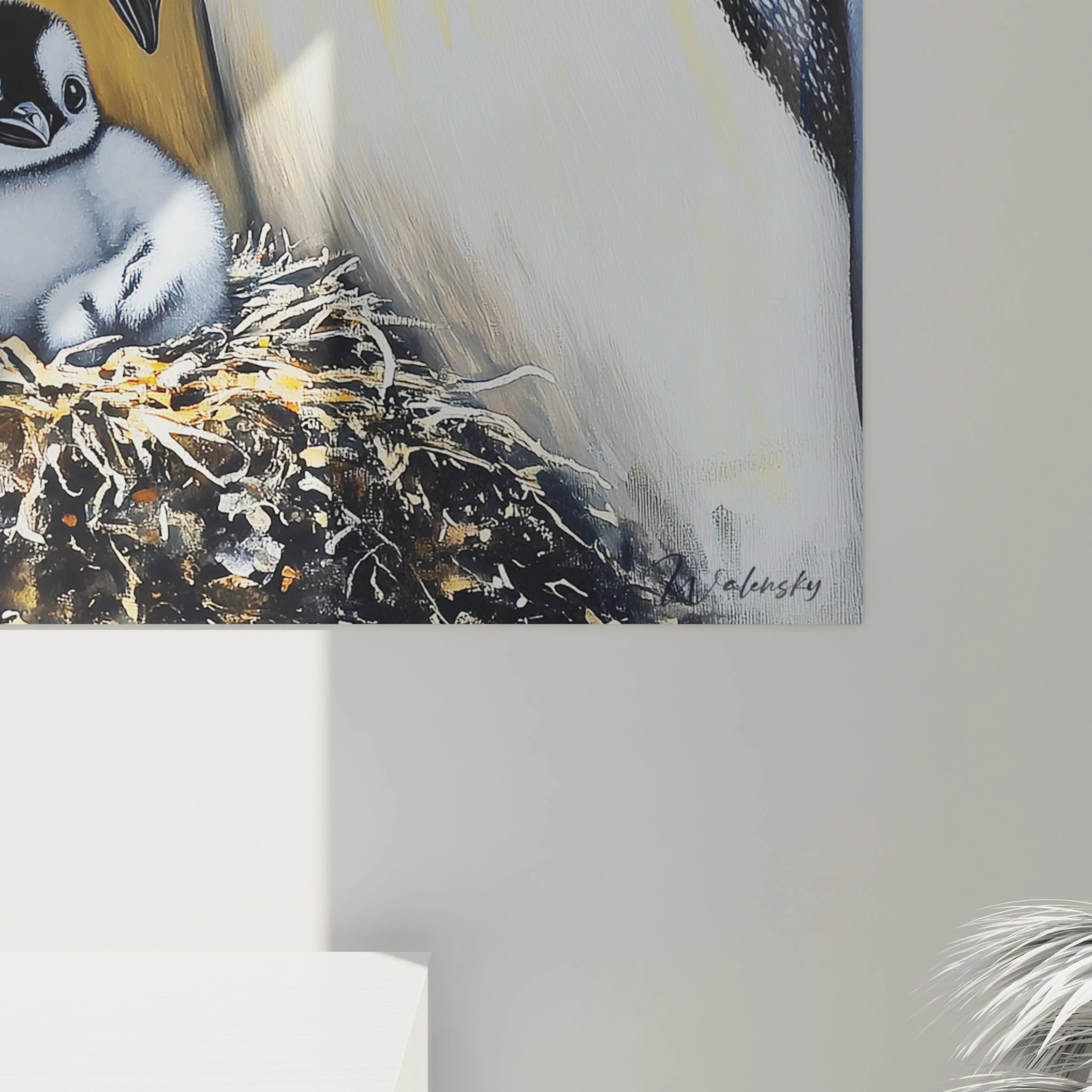 Tableau manchot Walensky représentant un bébé manchot dans son nid aux couleurs réalistes