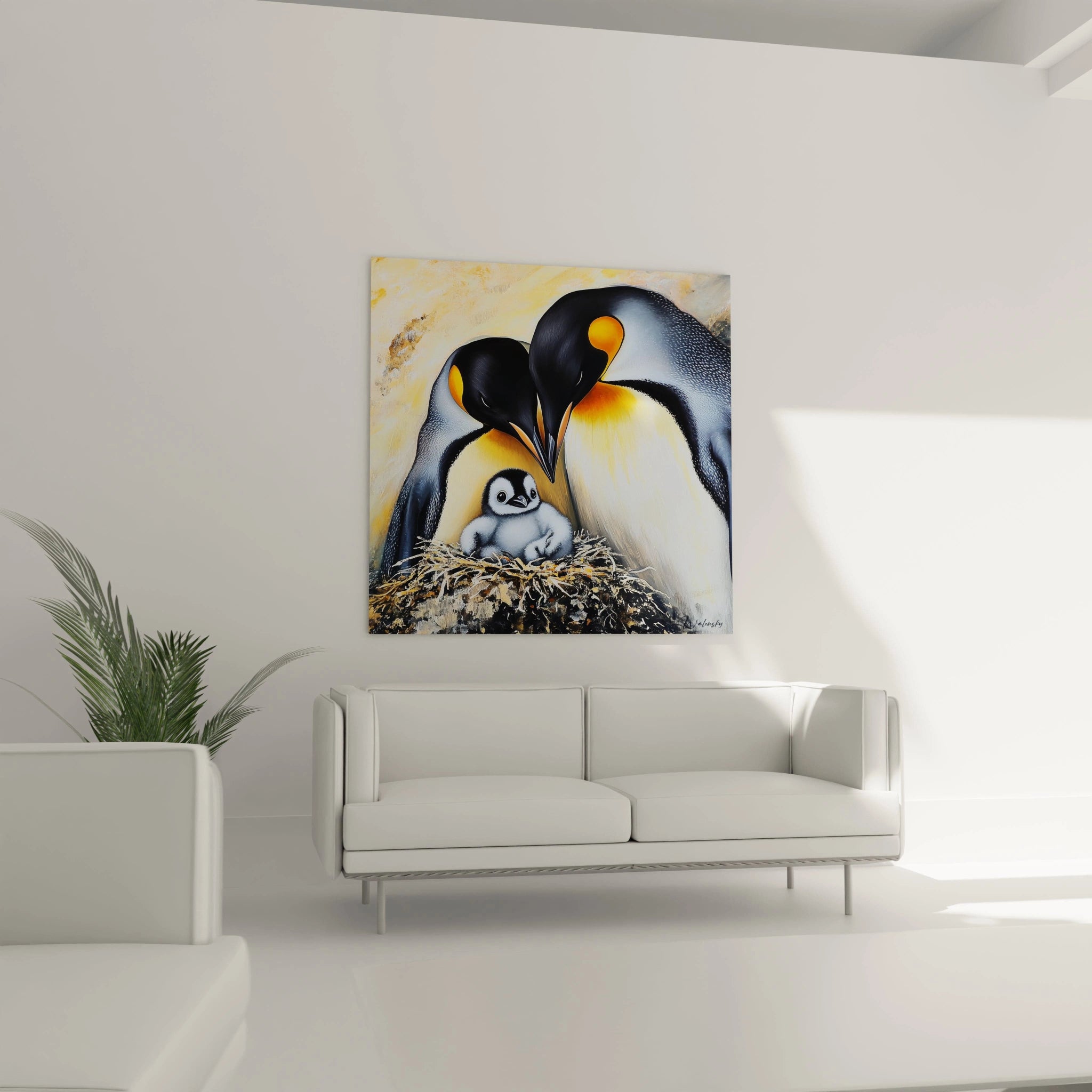 Tableau manchot Walensky représentant une famille de manchots avec deux adultes et un bébé dans un salon moderne