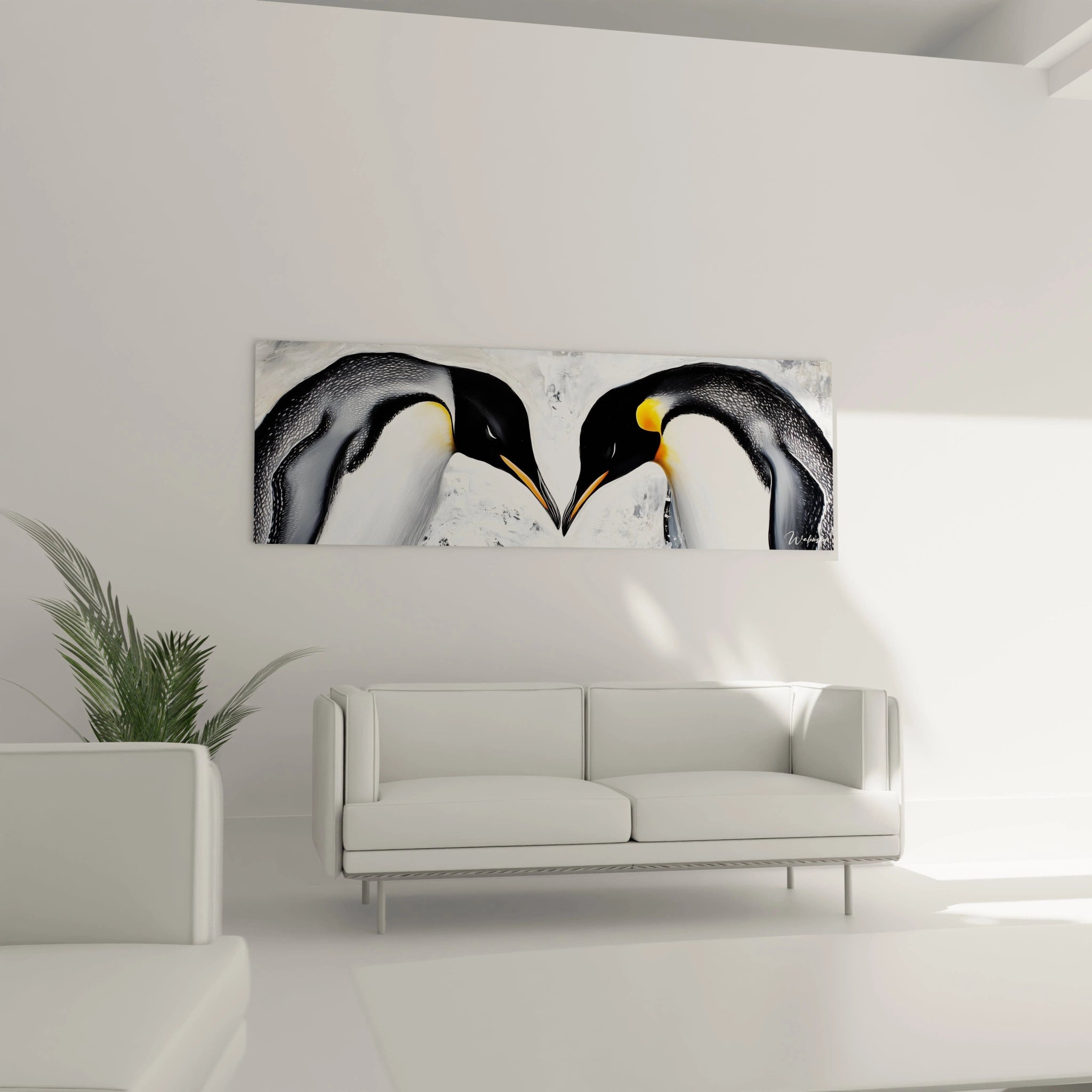 Tableau manchot Walensky représentant deux manchots royaux face à face dans un salon moderne blanc