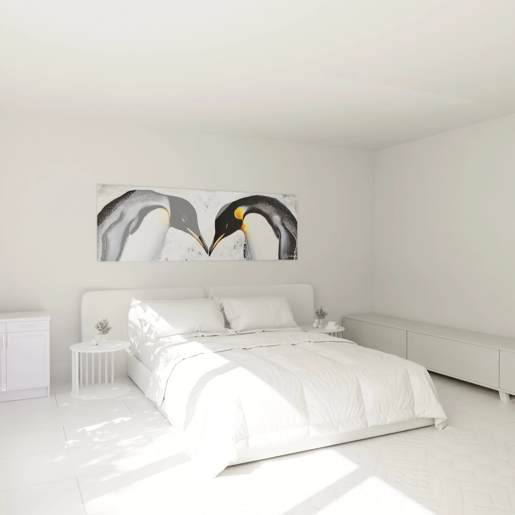 Tableau manchot Walensky représentant deux manchots dans une chambre moderne et lumineuse