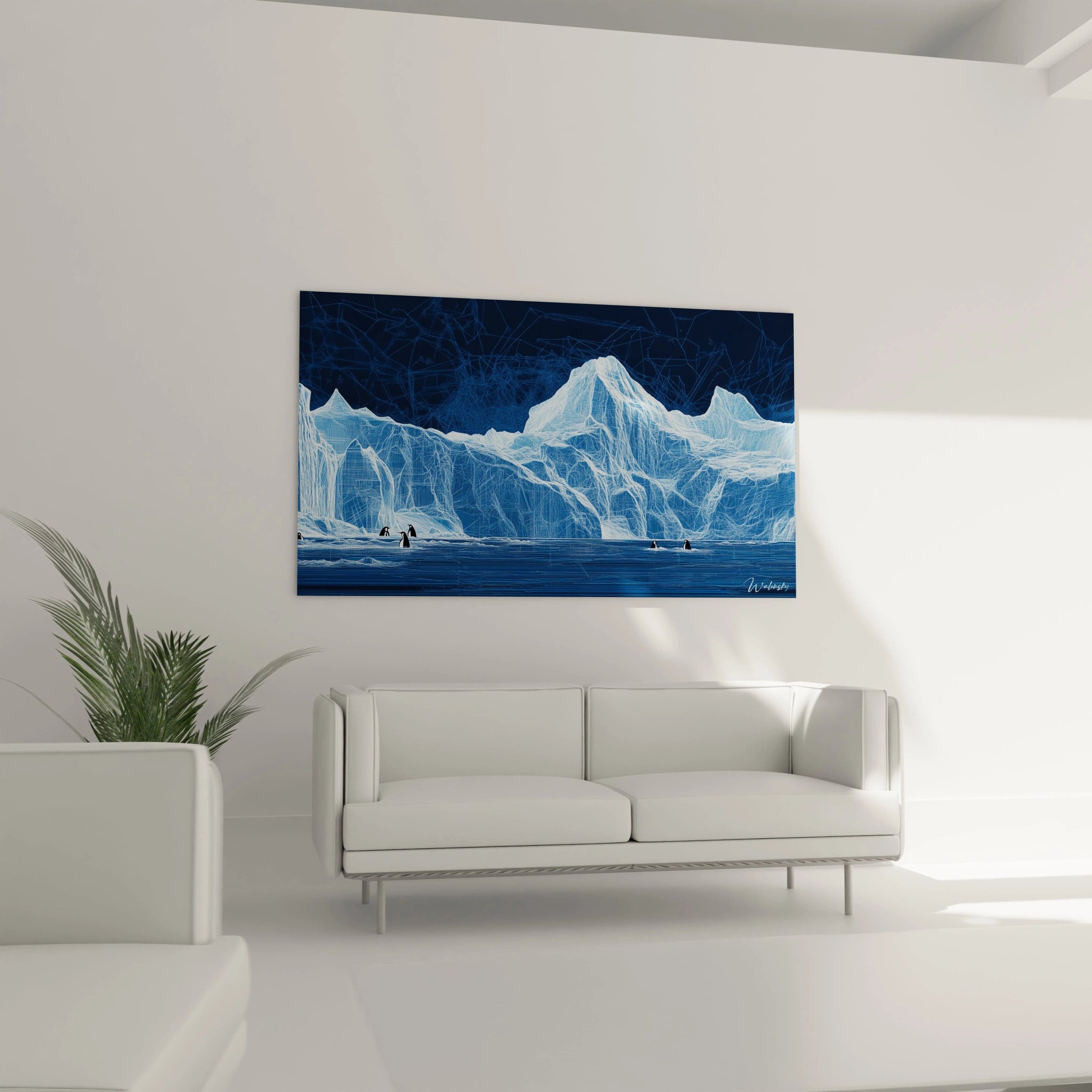 Tableau manchot Walensky représentant un paysage glacial avec montagnes de glace sur un mur blanc moderne