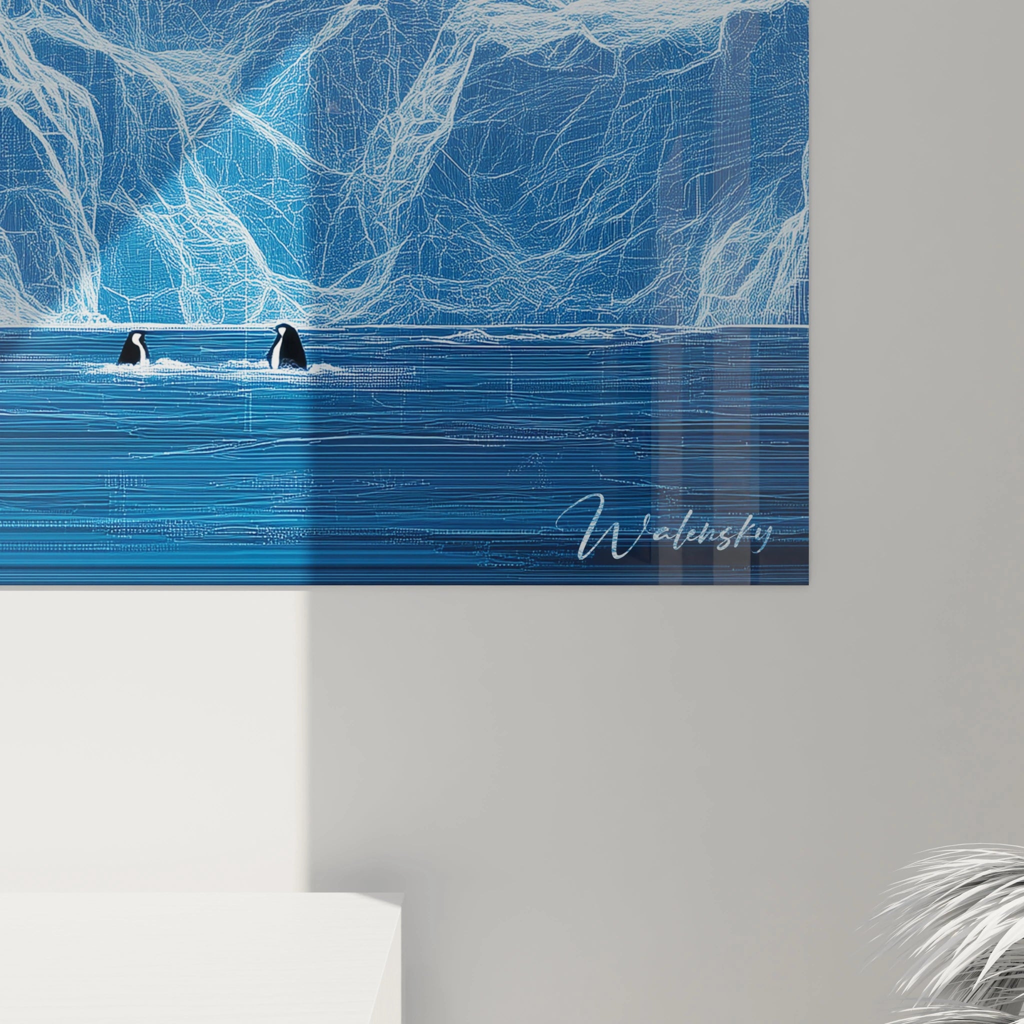 Tableau manchot Walensky avec deux manchots dans un paysage glacial bleu abstrait
