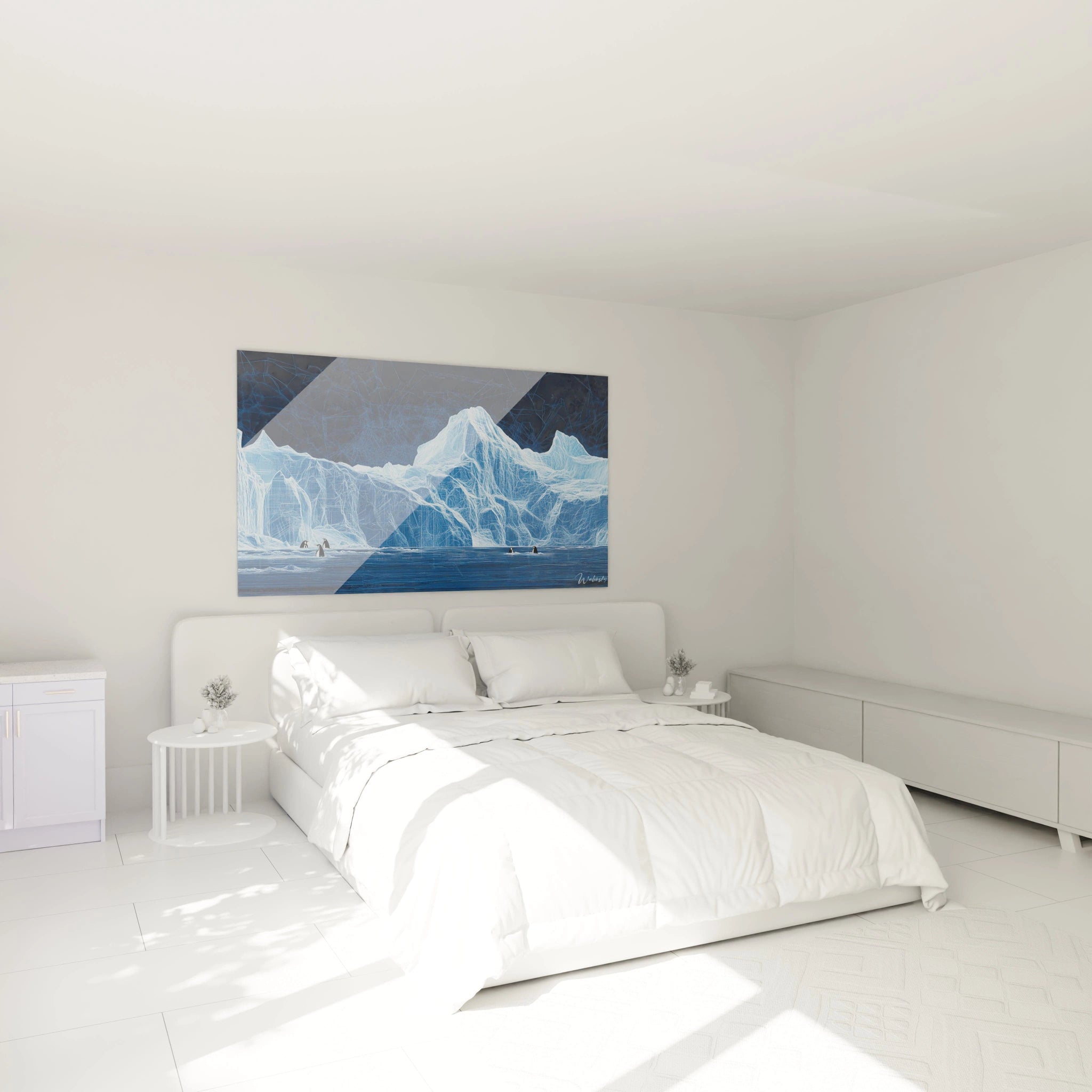 Tableau manchot Walensky représentant un manchot sur un glacier dans une chambre moderne lumineuse