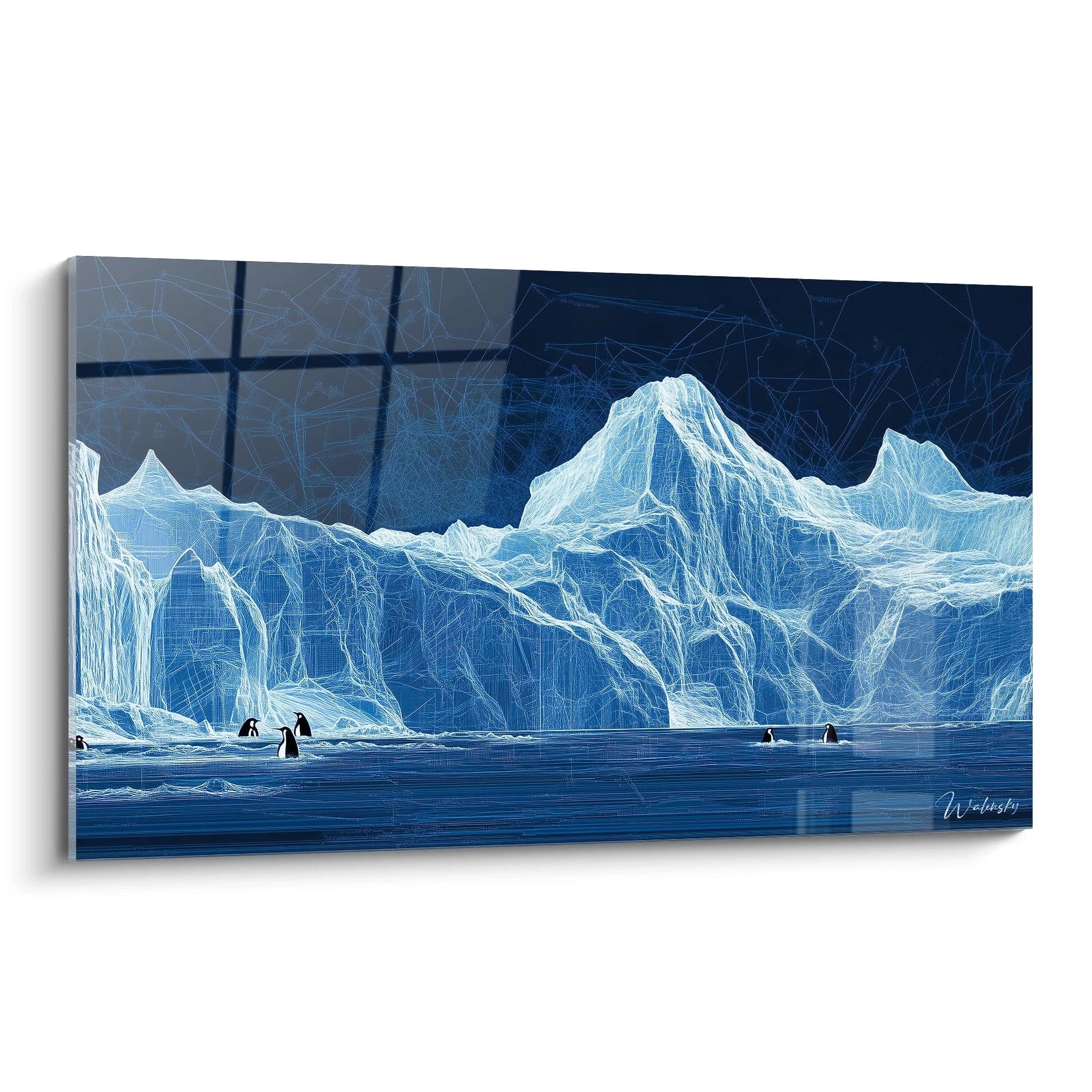 Tableau manchot Walensky représentant un paysage d'icebergs lumineux avec des manchots sur l'eau bleue