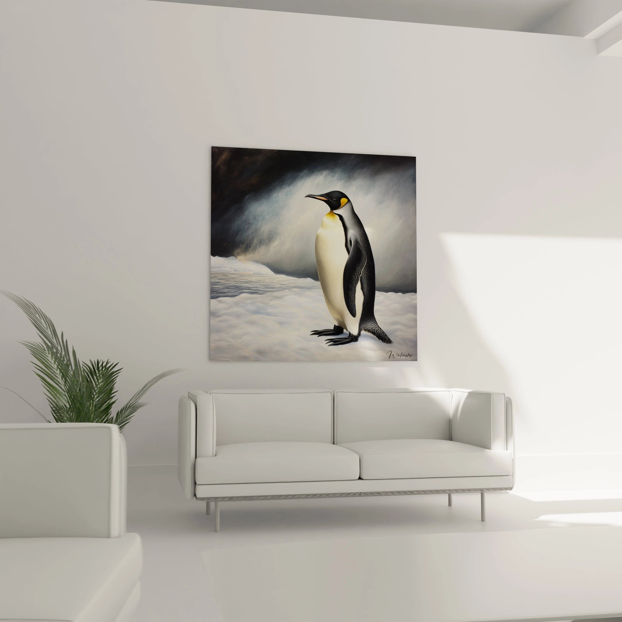 Tableau manchot Walensky accroché au-dessus d'un canapé blanc dans un salon moderne lumineux