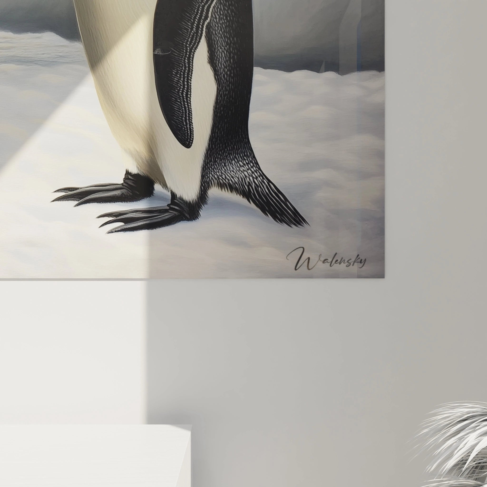 Tableau manchot signé Walensky avec illustration réaliste de manchot sur fond blanc