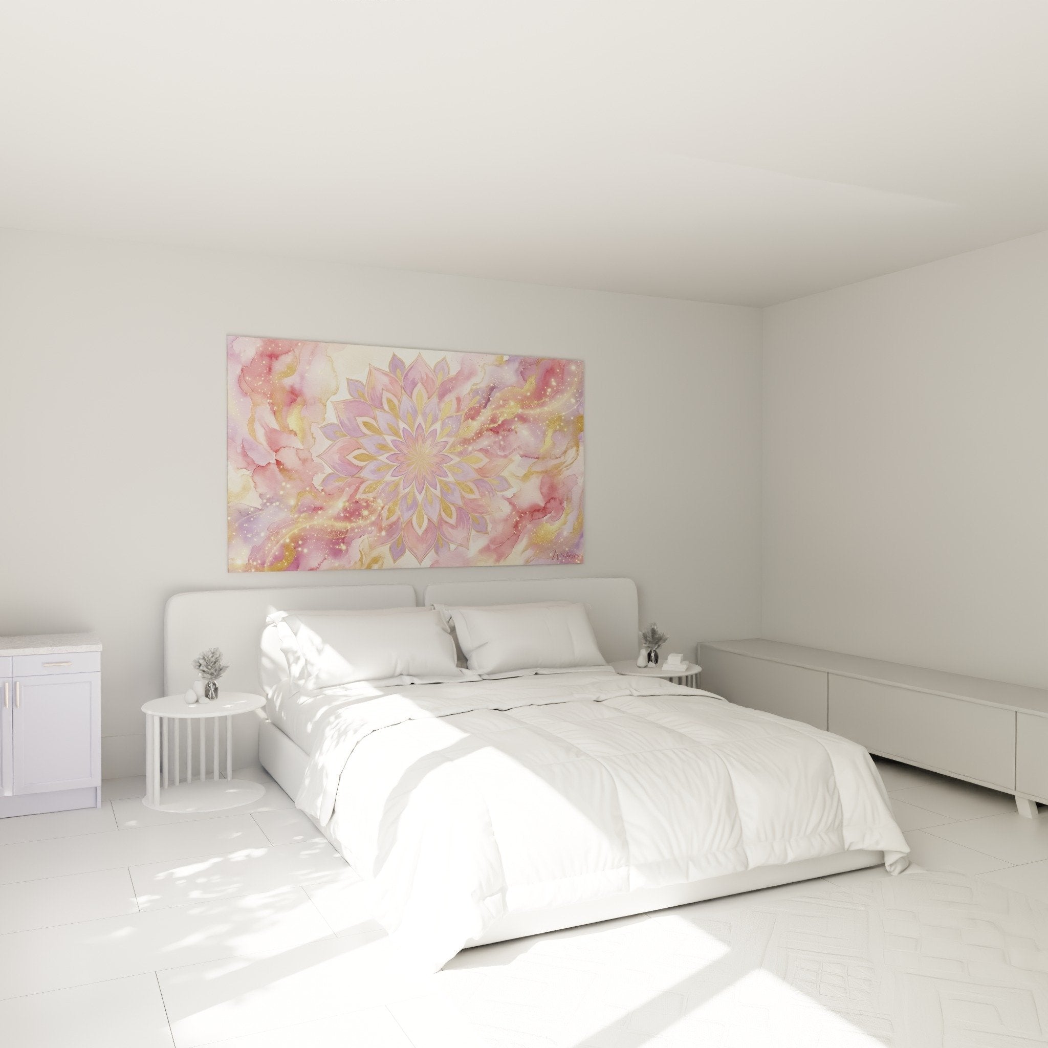 Tableau mandala rose violet doré dans chambre moderne, décoration murale zen et apaisante pour espace repos