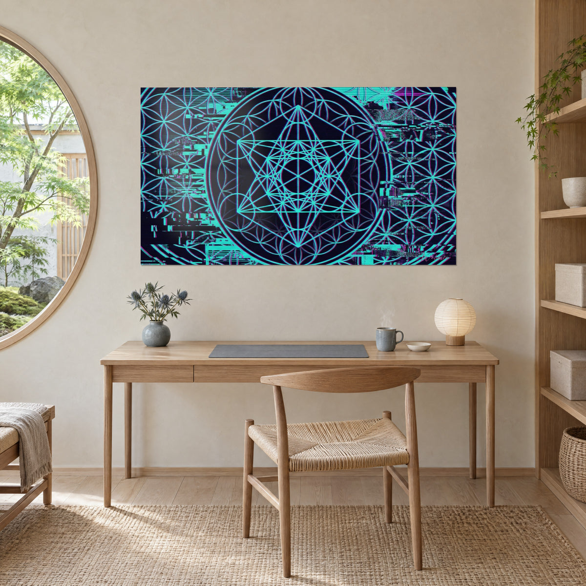 Wall art icosahedron with glowing turquoise edges, halo of violet and midnight blue circles, hung above a light wood desk
