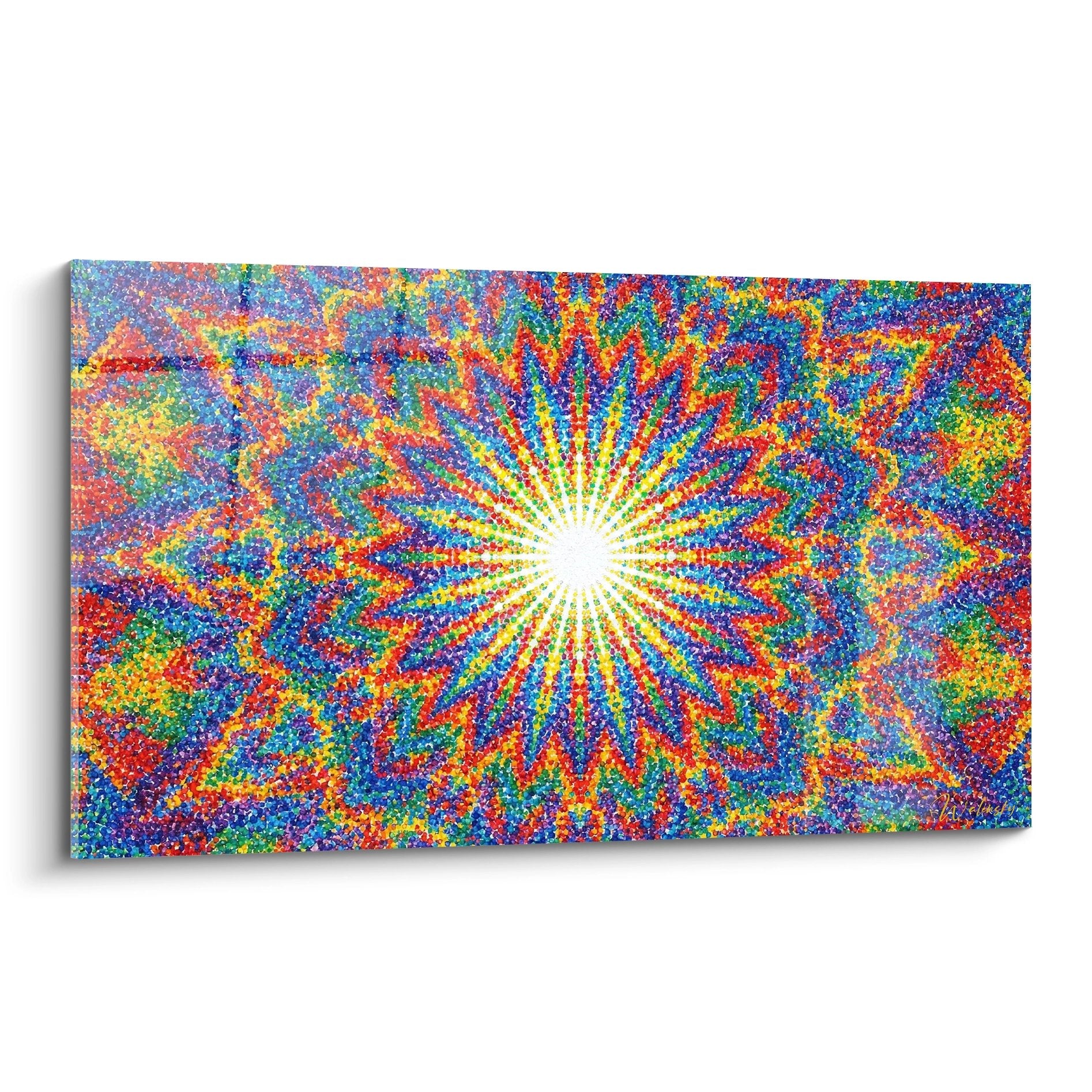 Tableau mandala explosion radiale multicolore pointilliste centre lumineux blanc rayons colorés rouge orange jaune vert bleu violet