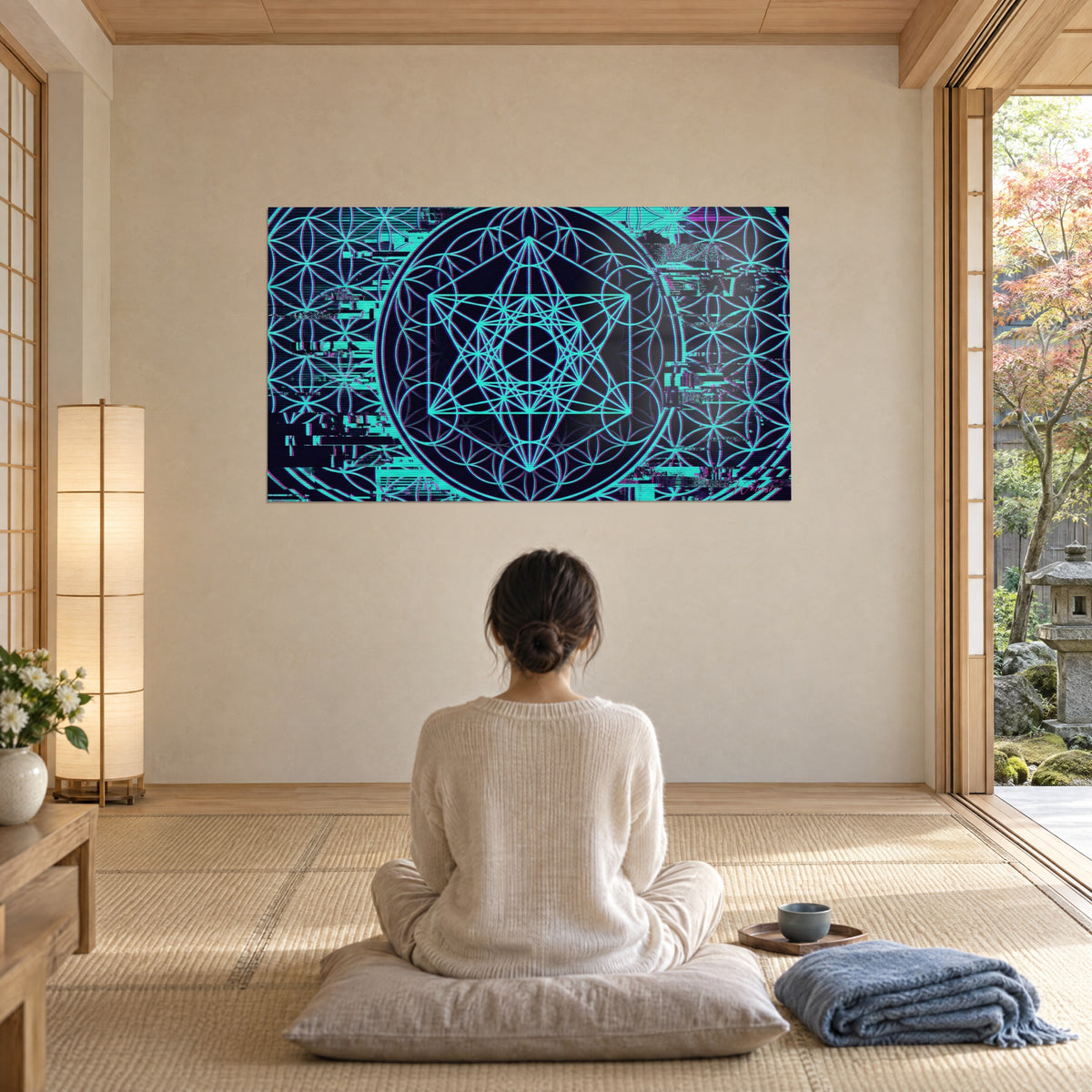 Wall art six-pointed star in turquoise within a large circle, violet distortions, in front of a woman seen from behind in a cream sweater on a cushion