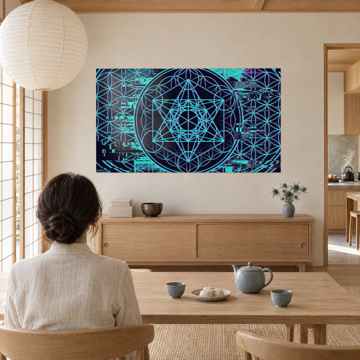 Wall art mystical constellation in turquoise filaments, violet digital noise and deep black, facing a woman seen from behind seated at a table