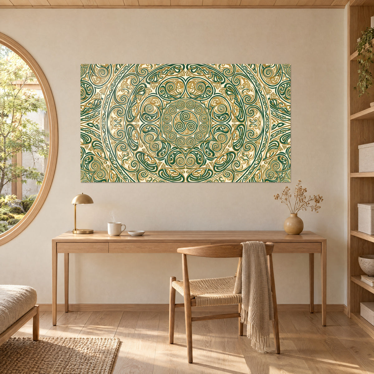 Gemälde mit rundem keltischem Motiv in Grün und Ocker, über einem Schreibtisch aus hellem Holz mit Lampe und runden Fenster