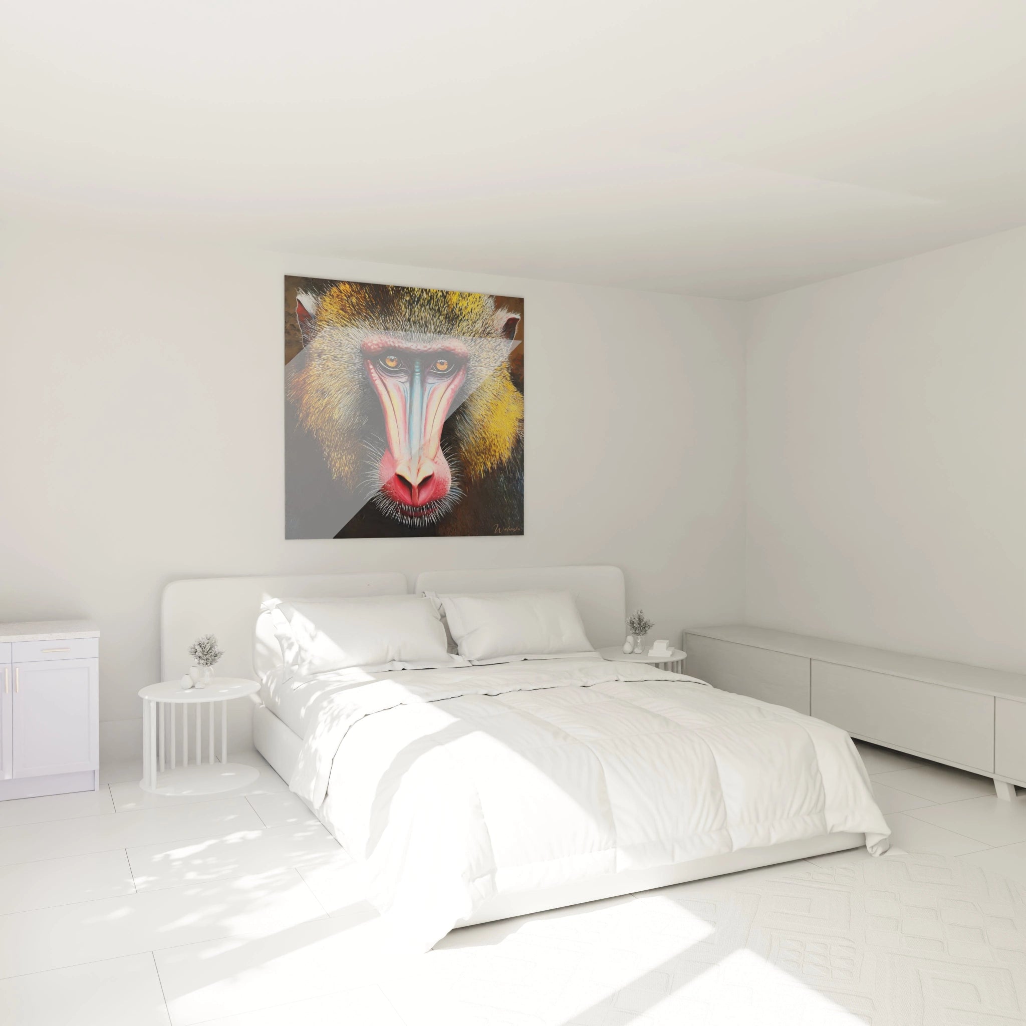 Tableau singe coloré Walensky accroché au-dessus d'un lit moderne dans une chambre blanche lumineuse