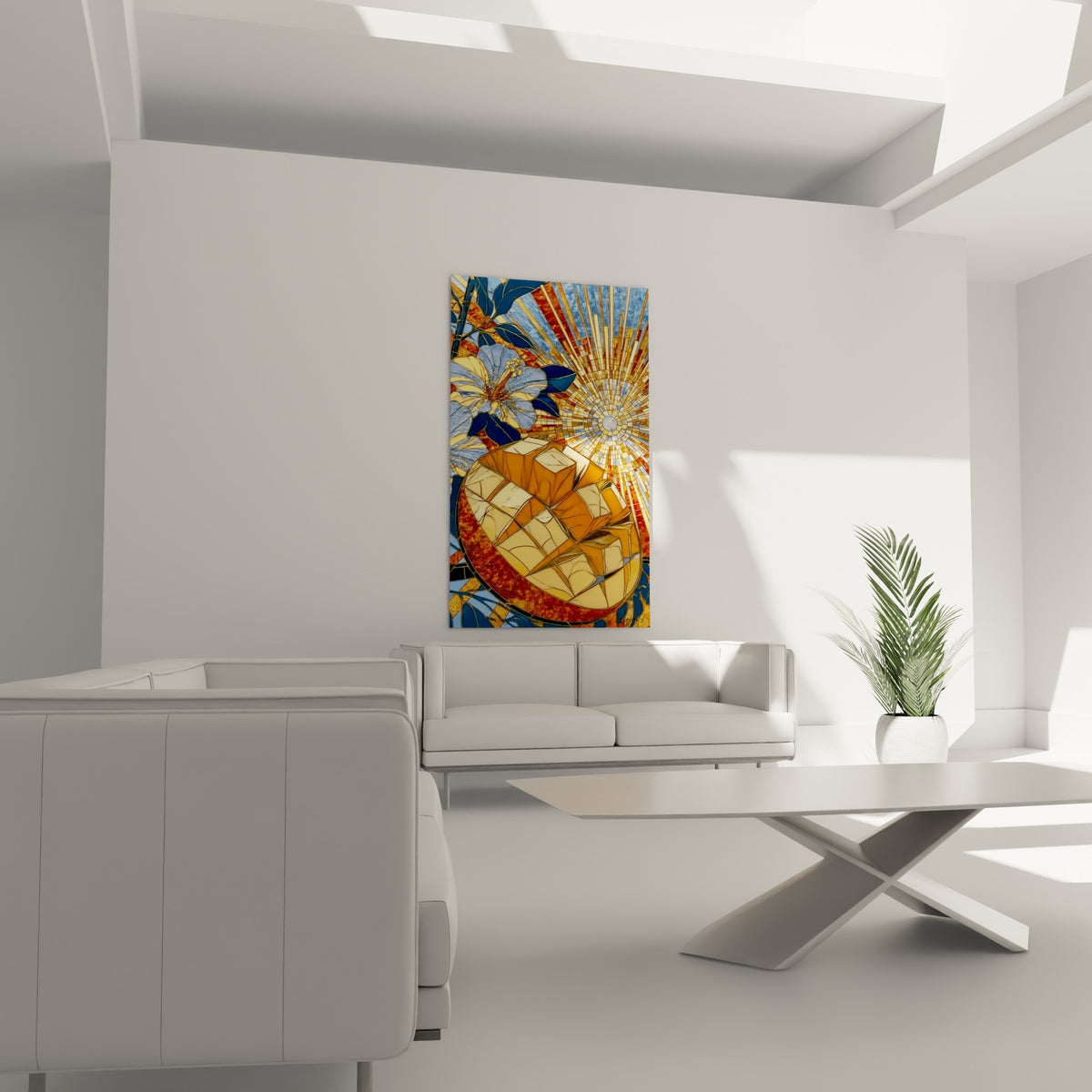 Cubes orangés et rouges d'une mangue stylisée en vitrail, suspendus au-dessus d'un canapé dans un salon lumineux