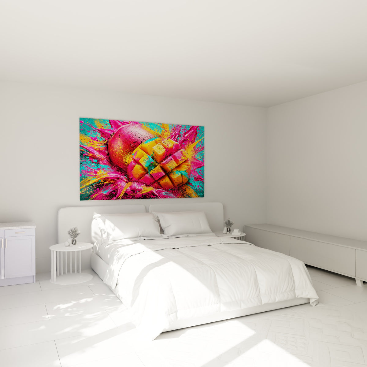 Cubes de mangue orange et projections fuchsia turquoise au-dessus d'un lit dans une chambre claire