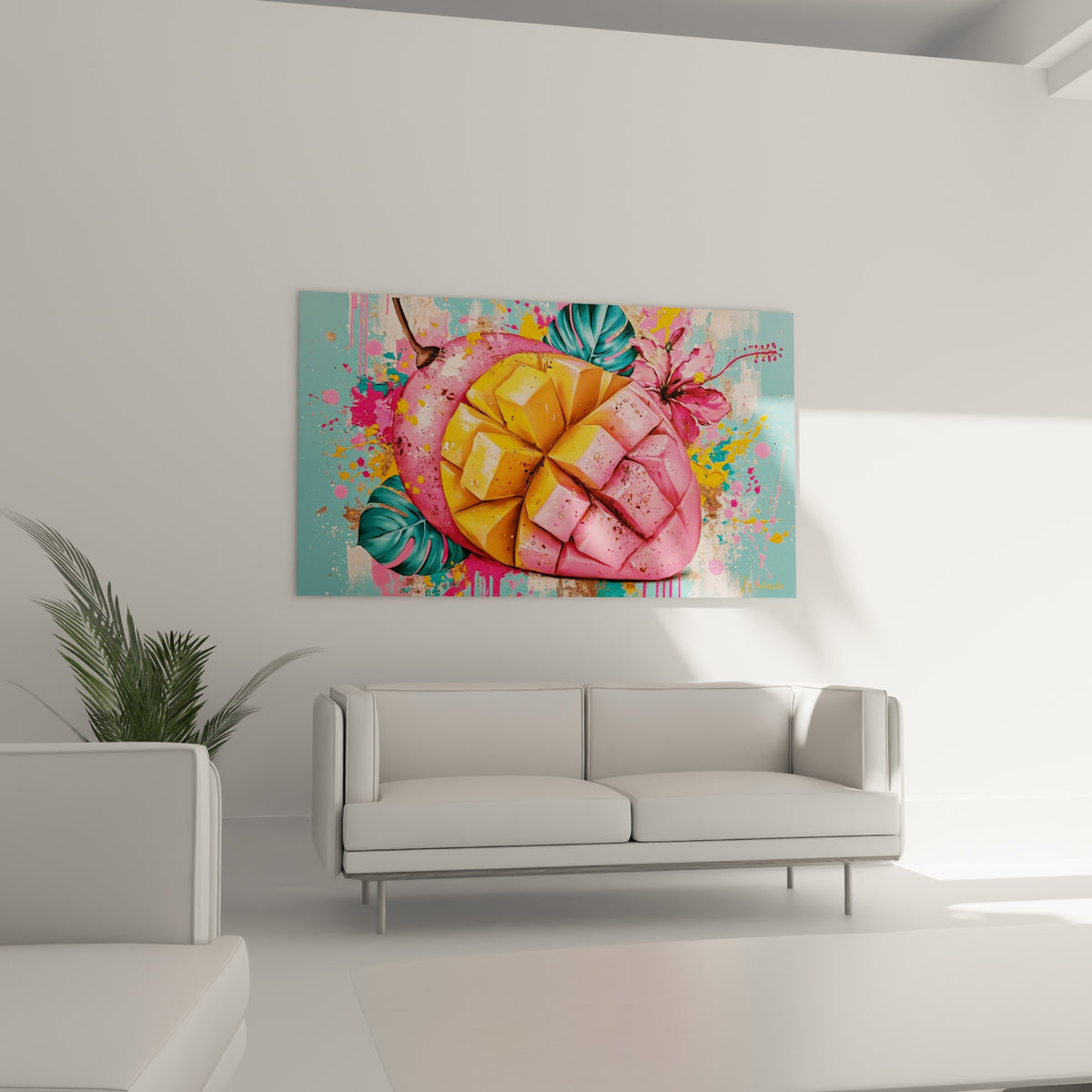 Chair de mangue orange et rose sculptée en cubes, suspendue au-dessus d'un canapé dans un salon lumineux