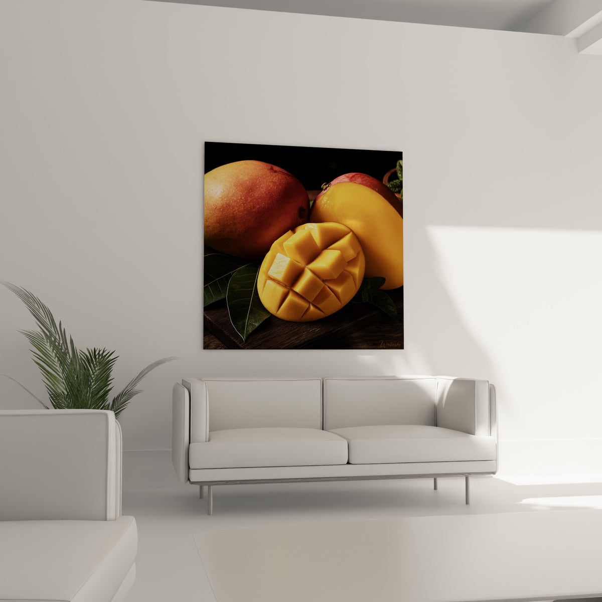 Fruit exotique orangé découpé en damier doré accroché au-dessus d'un canapé dans un salon lumineux