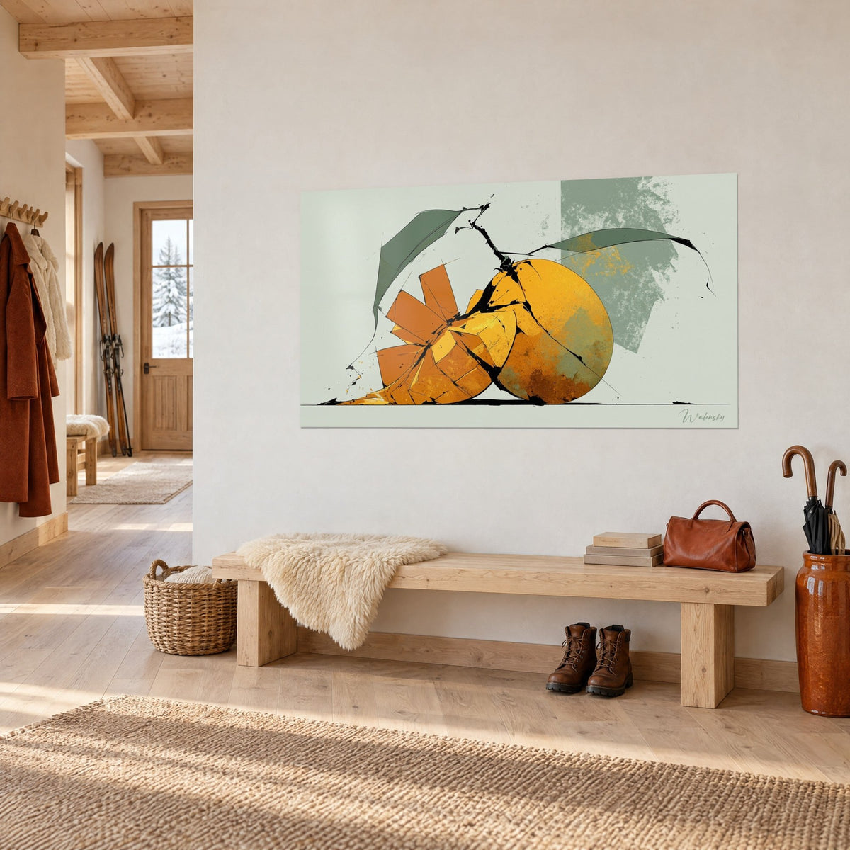 Tableau fruit tropical brisé en éclats cuivrés, feuilles vert sauge, vu de trois-quarts au-dessus d'un banc de chalet