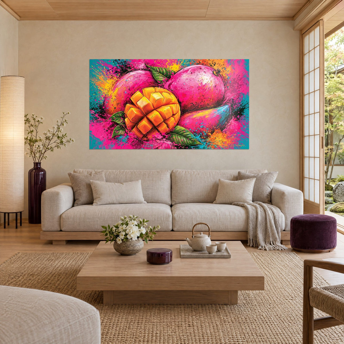 Wall art of mango cut into orange cubes on a splashed fuchsia background, emerald green leaves, above a sofa in a bright living room