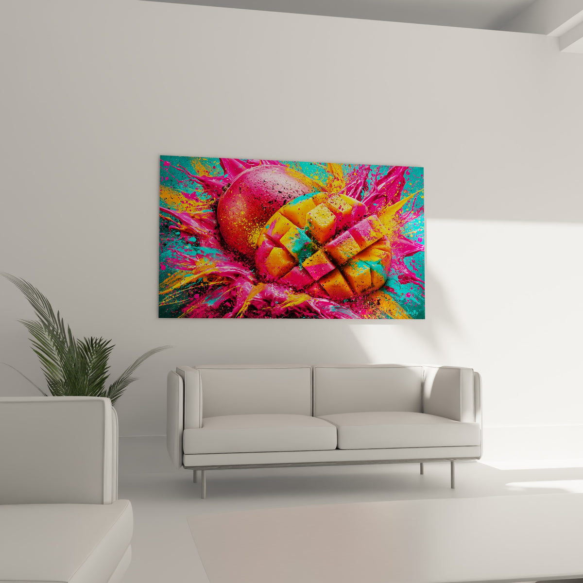 Fruit tranché aux éclaboussures roses et turquoise vif au-dessus d'un canapé dans un salon lumineux